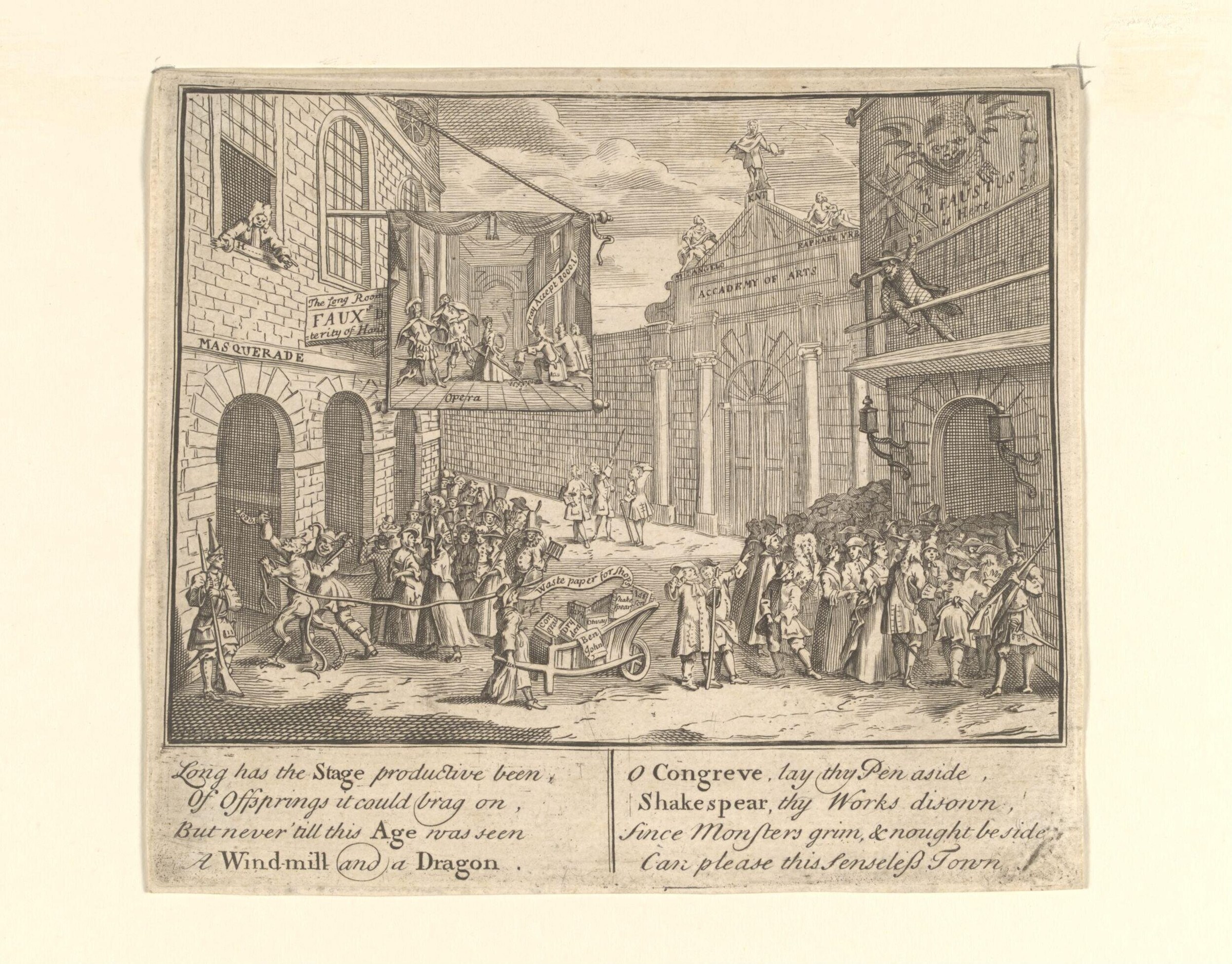 A crowded 18th-century London street scene of masquerades, opera house, and rooftop acrobats rendered in fine engraved lines.