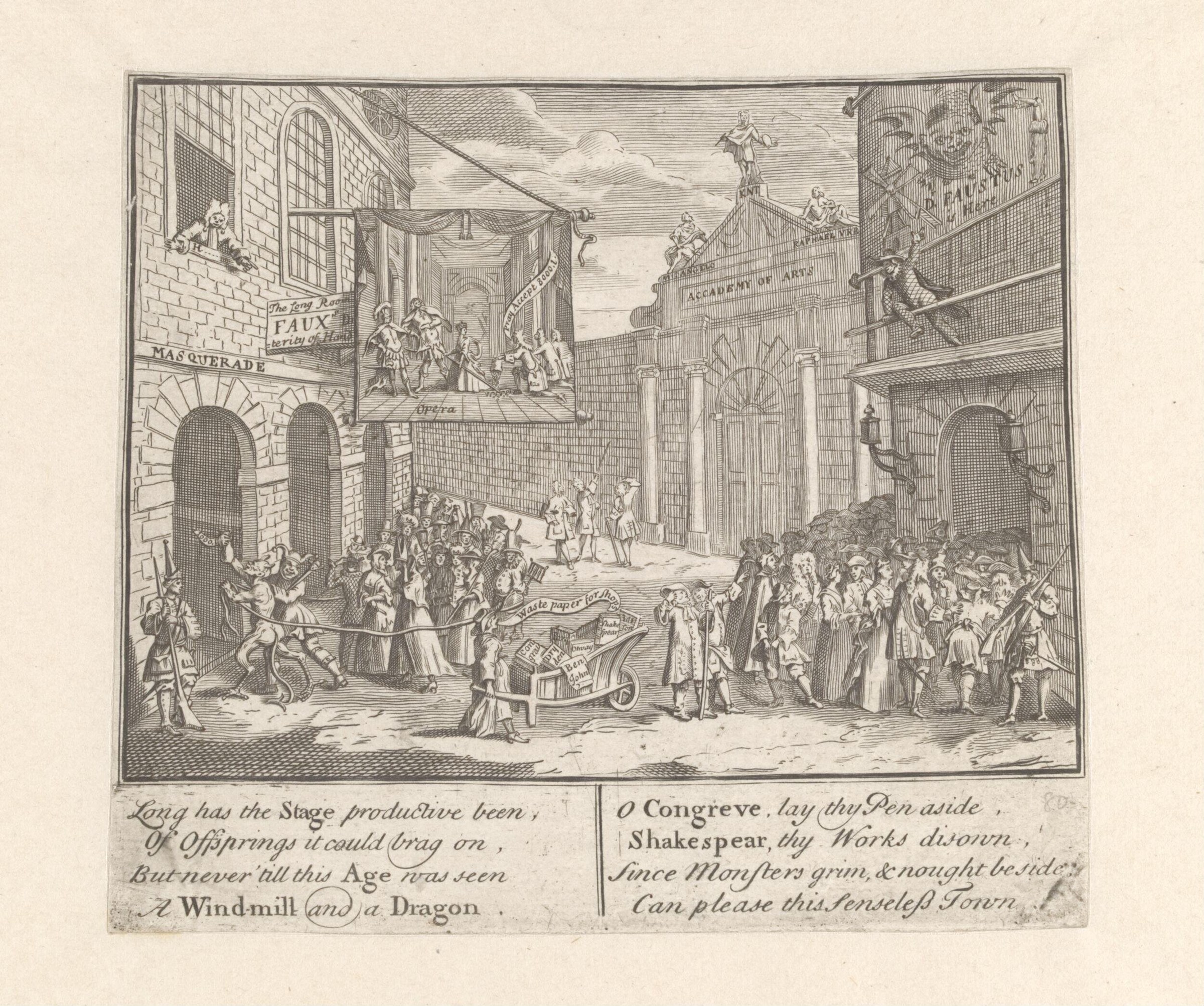 Engraved print showing a crowded street fair in front of an Academy building with figures gesturing and moving amid carnival spectacle and vendors.