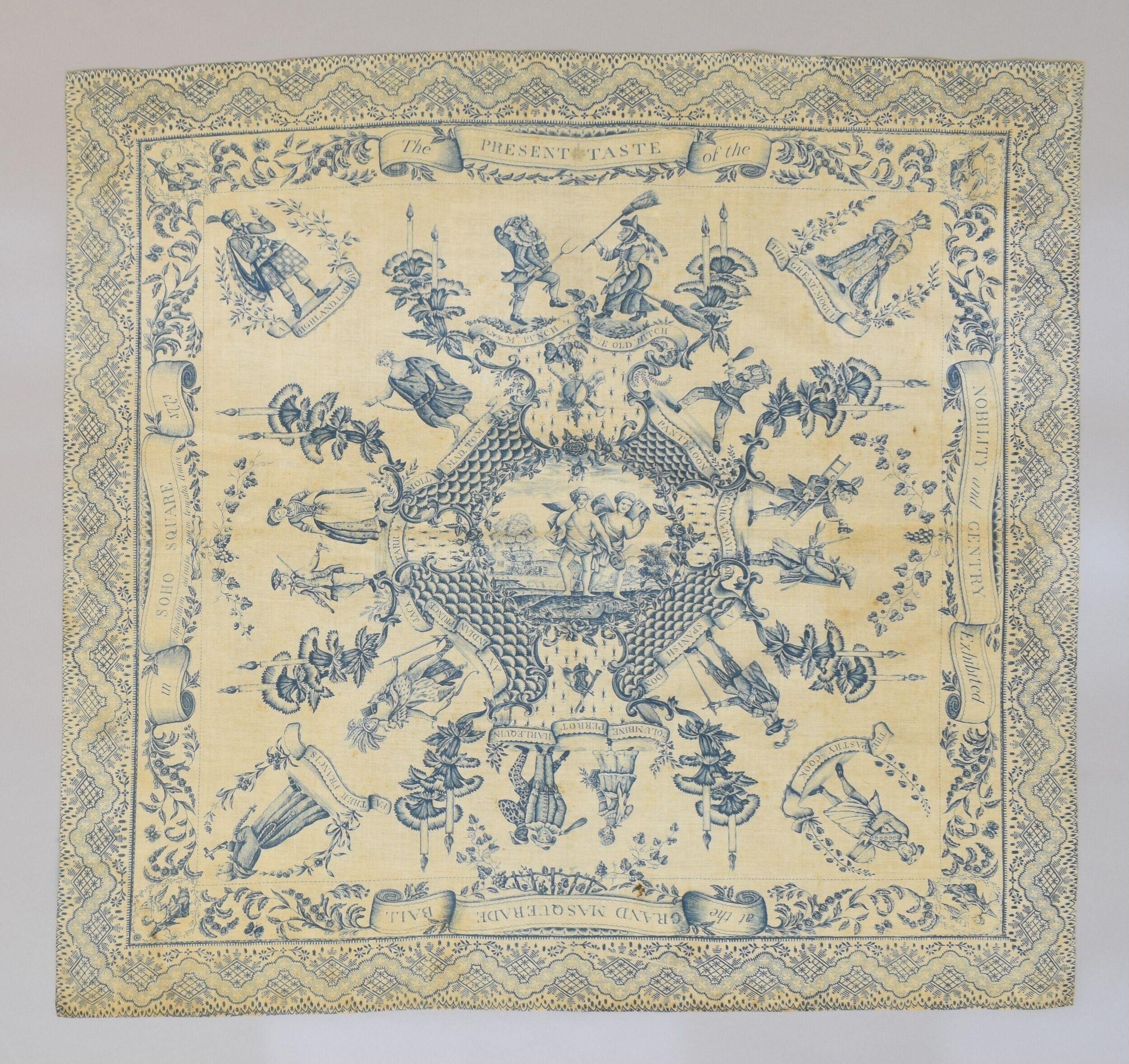 Densely packed crowd of hundreds of small figures in 18th-century dress and masquerade costumes, arranged around two central vases, framed by ornate lace