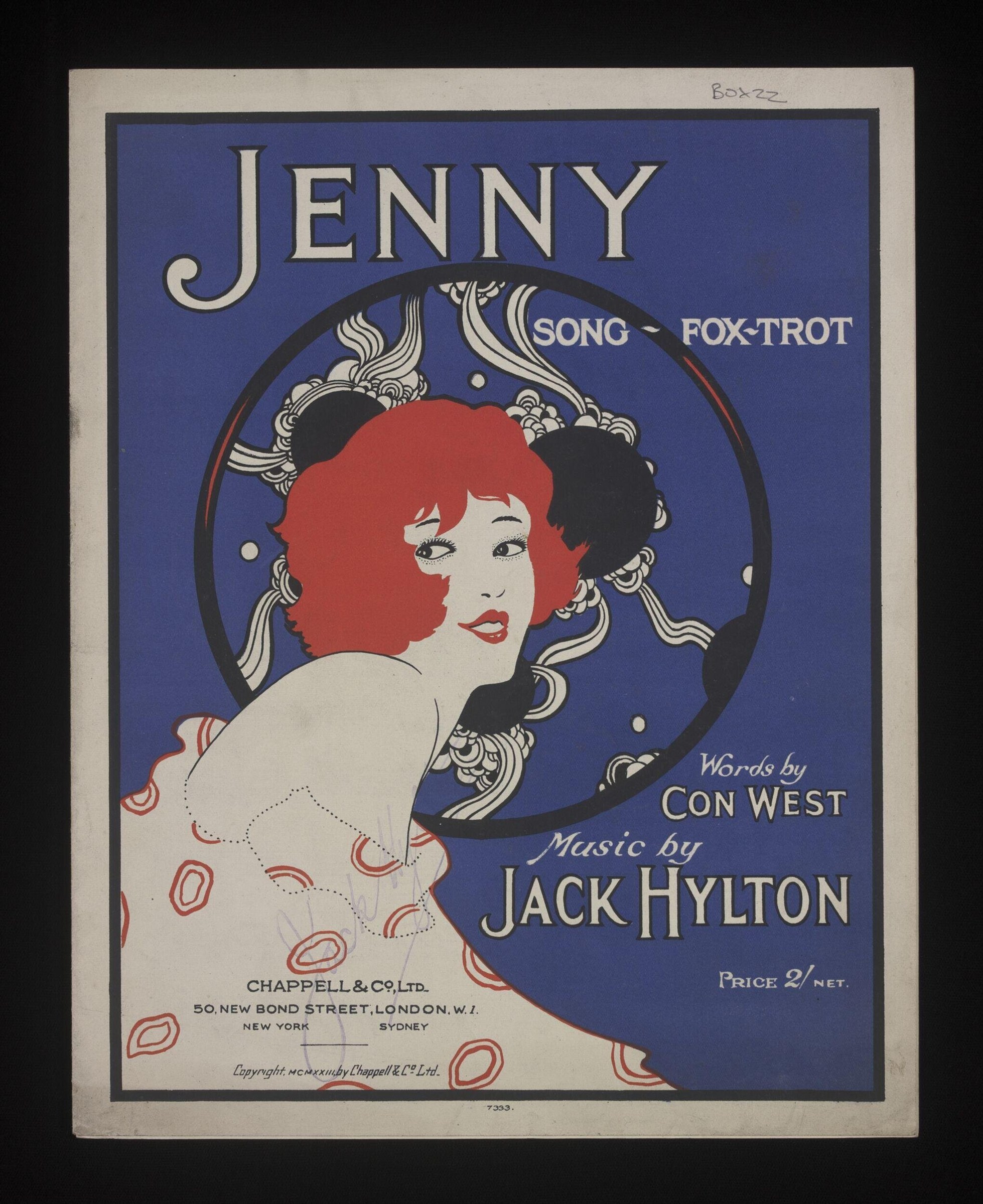 Art Deco sheet music cover for a foxtrot, featuring a woman's face with split red and black hair against a blue background with ornamental flourishes.