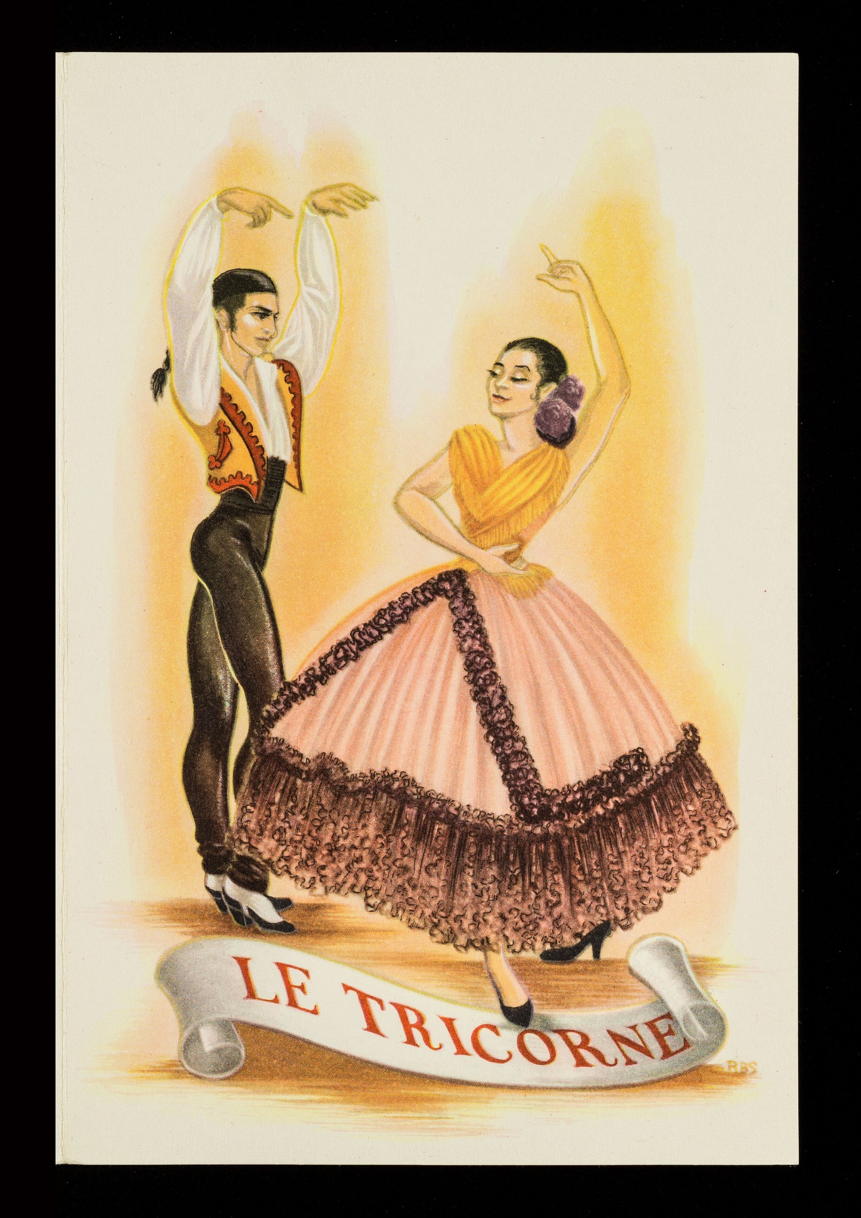 Man in red jacket and dark trousers holds up white cloth with raised arms; woman in yellow bodice and pink ornamental skirt stands beside him with right arm