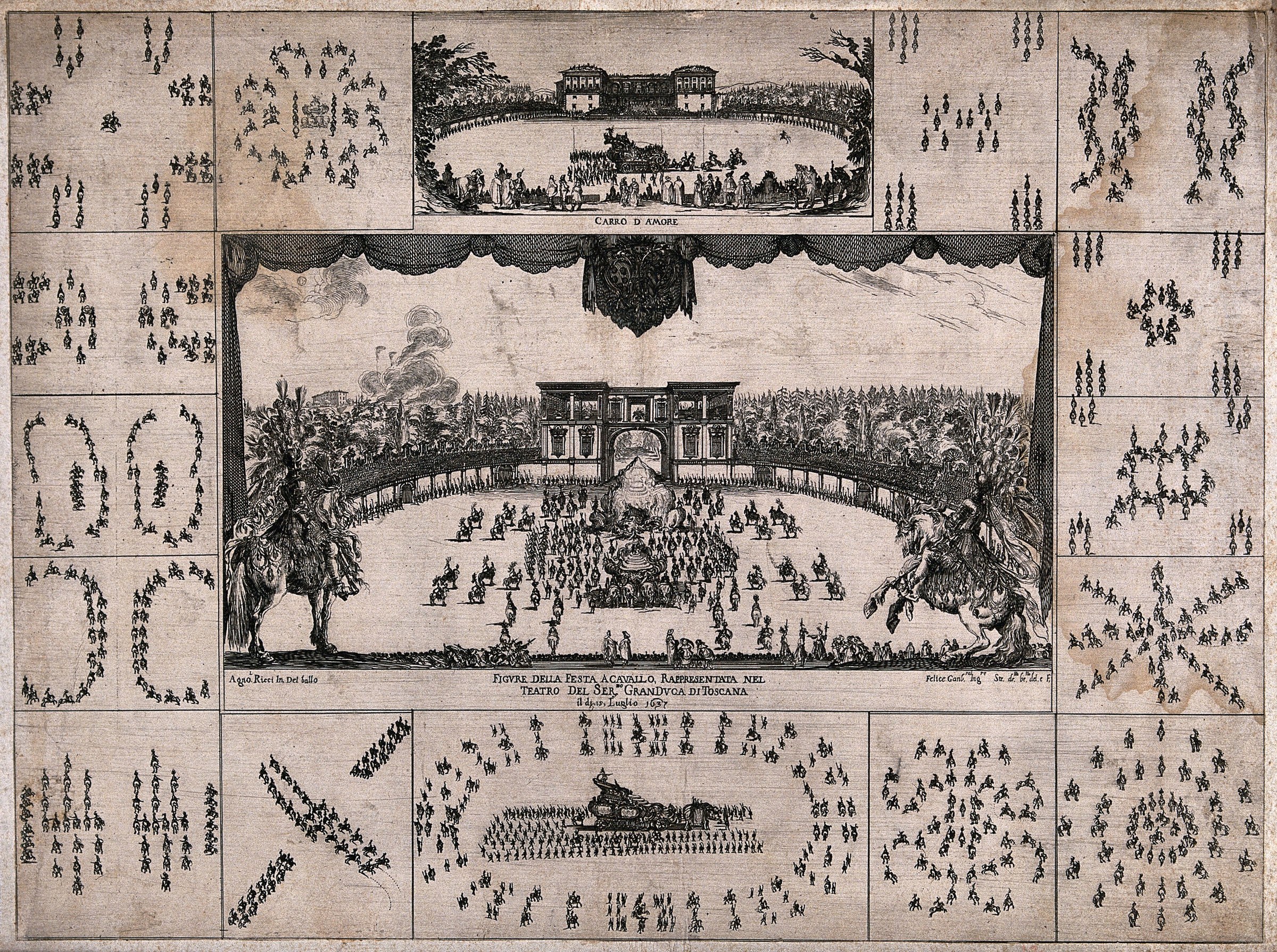 Etching showing bird's-eye views of horsemen and spectators arranged in geometric formations around a palace arena at a 1637 Florentine wedding celebration.