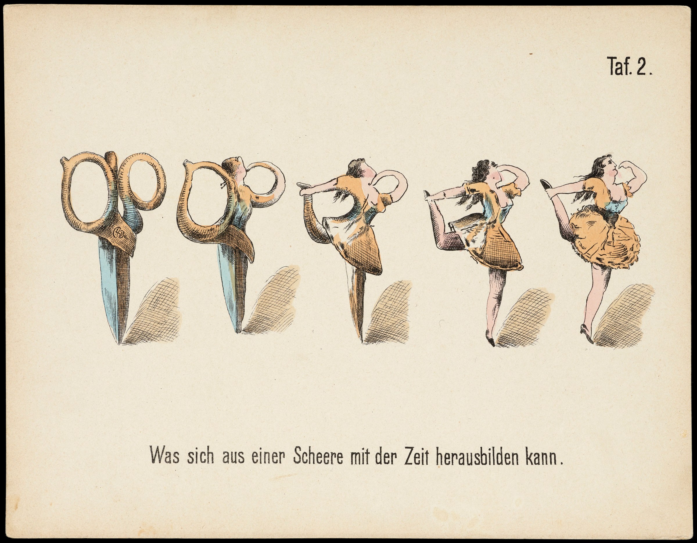 Five-stage sequential illustration showing a woman's body transforming from scissors to human form, in colored lithograph.