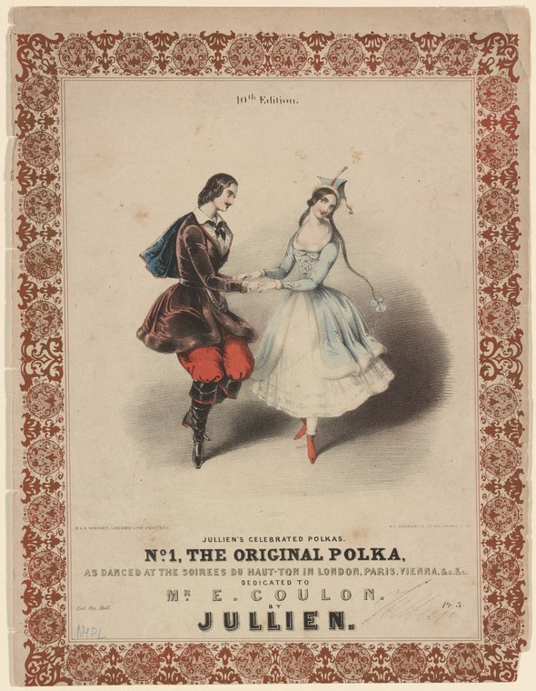 A man and woman in theatrical dress dance a polka, facing each other in a turning pose with arms raised and skirts flying.