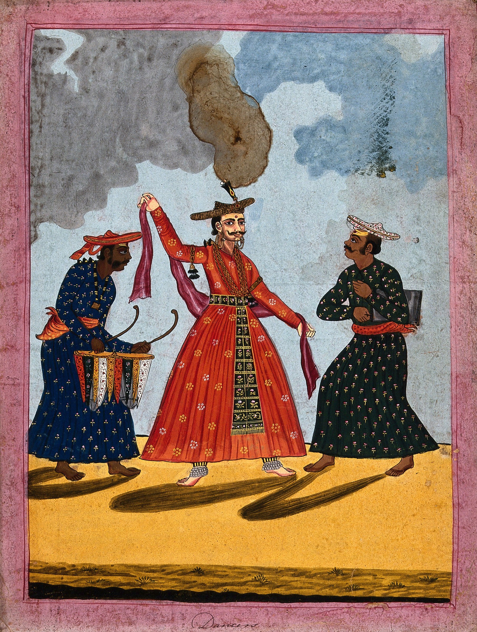 Three elaborately dressed figures in formal poses on a golden ground; the central figure wears a red embroidered robe and tall branching headdress.