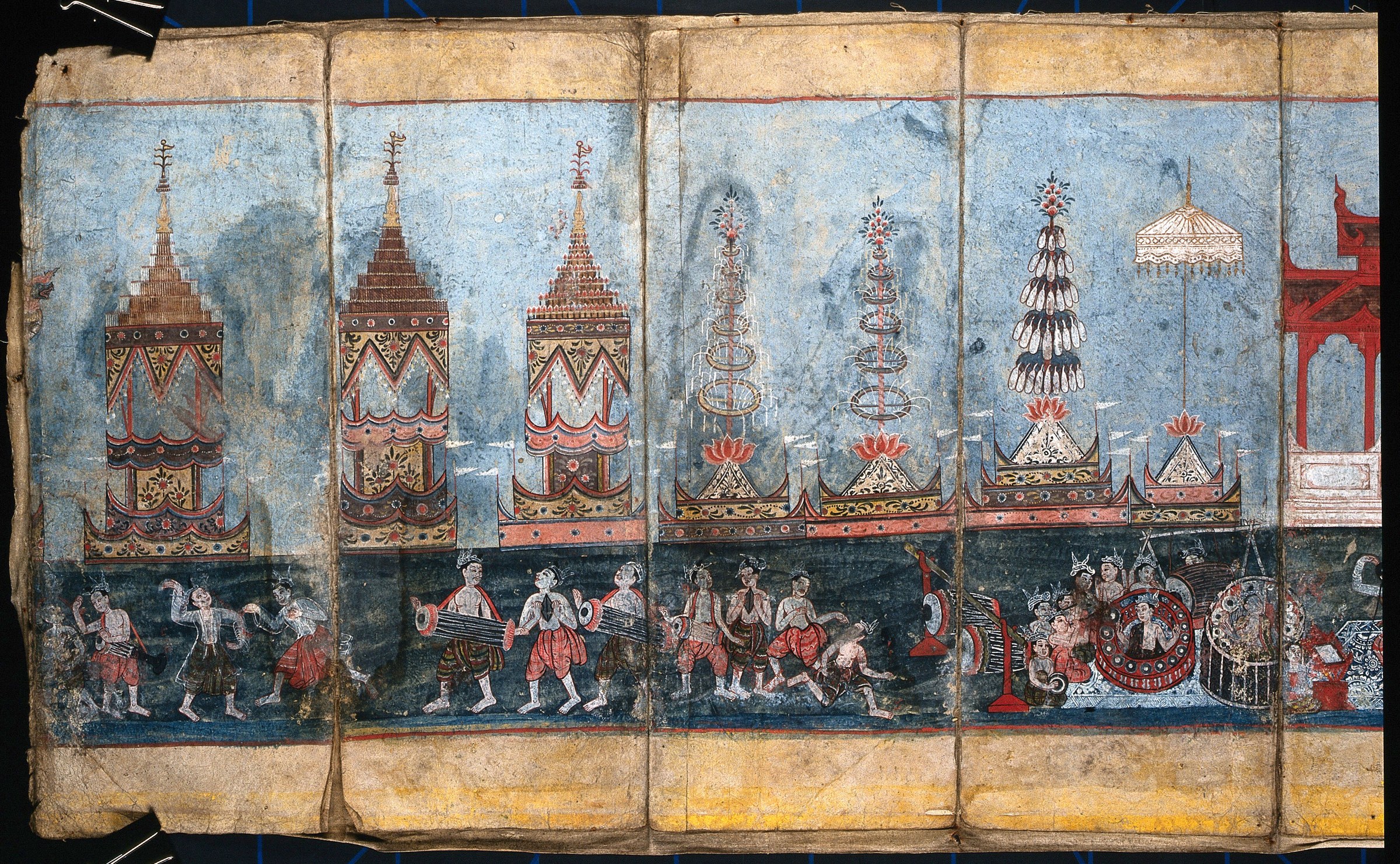 Gouache painting divided into two registers: ornate temple towers above, musicians and dancers in processional formation with enthroned figure below.