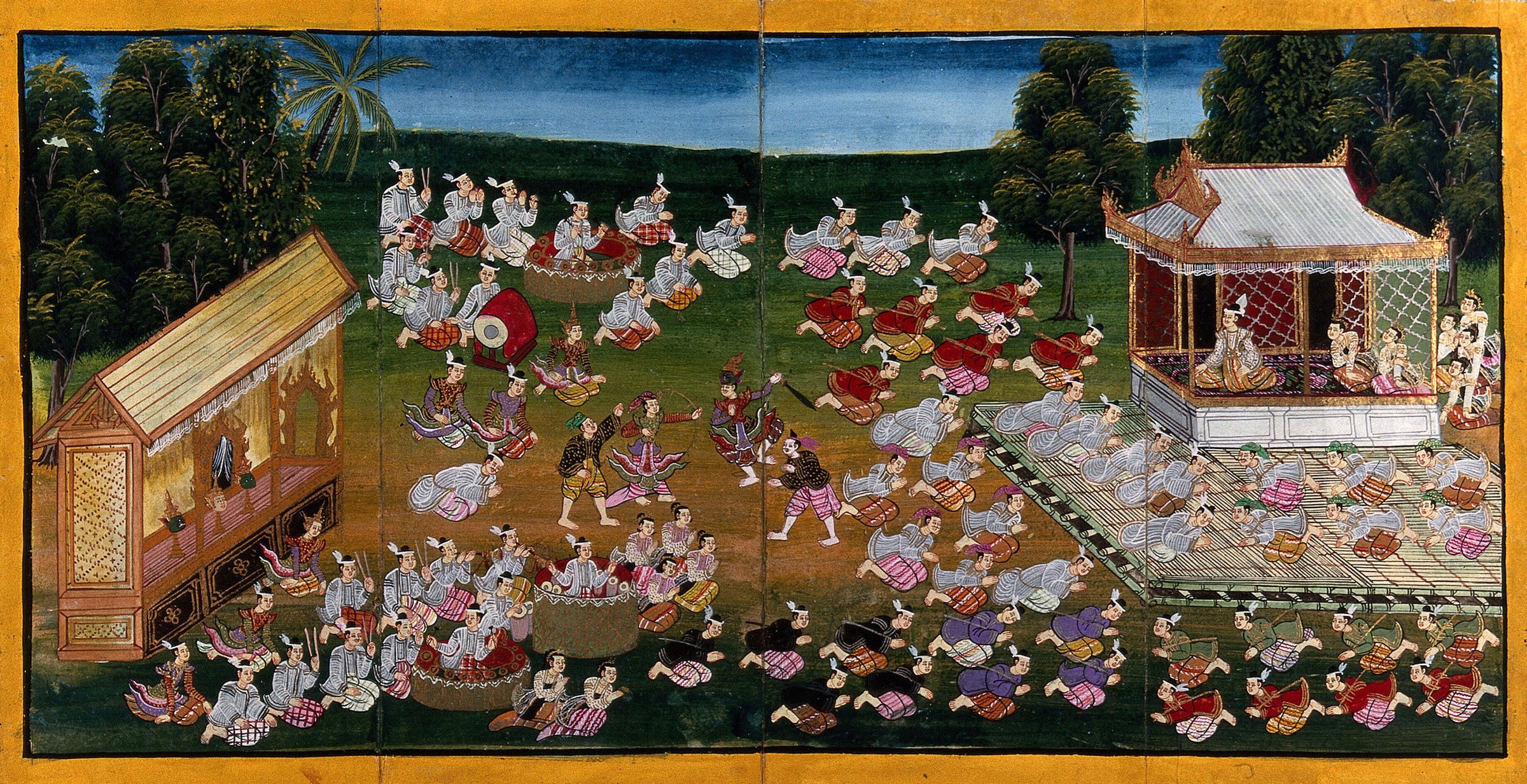 Densely populated Burmese court scene with pavilions, dancers in low positions, and courtiers in colored dress on green ground.