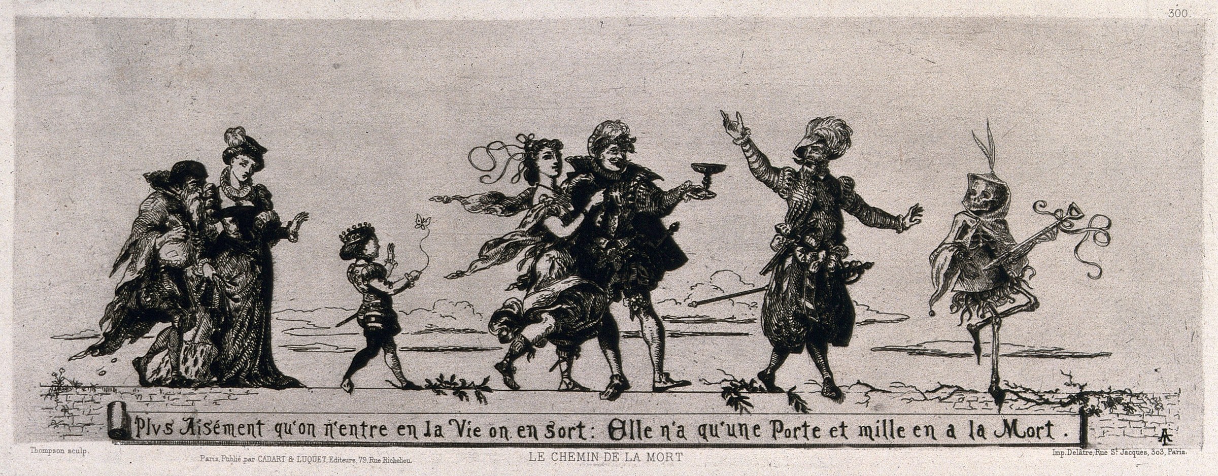 Etching showing seven figures in Renaissance dress following a skeletal Death figure playing an instrument, across a barren landscape.
