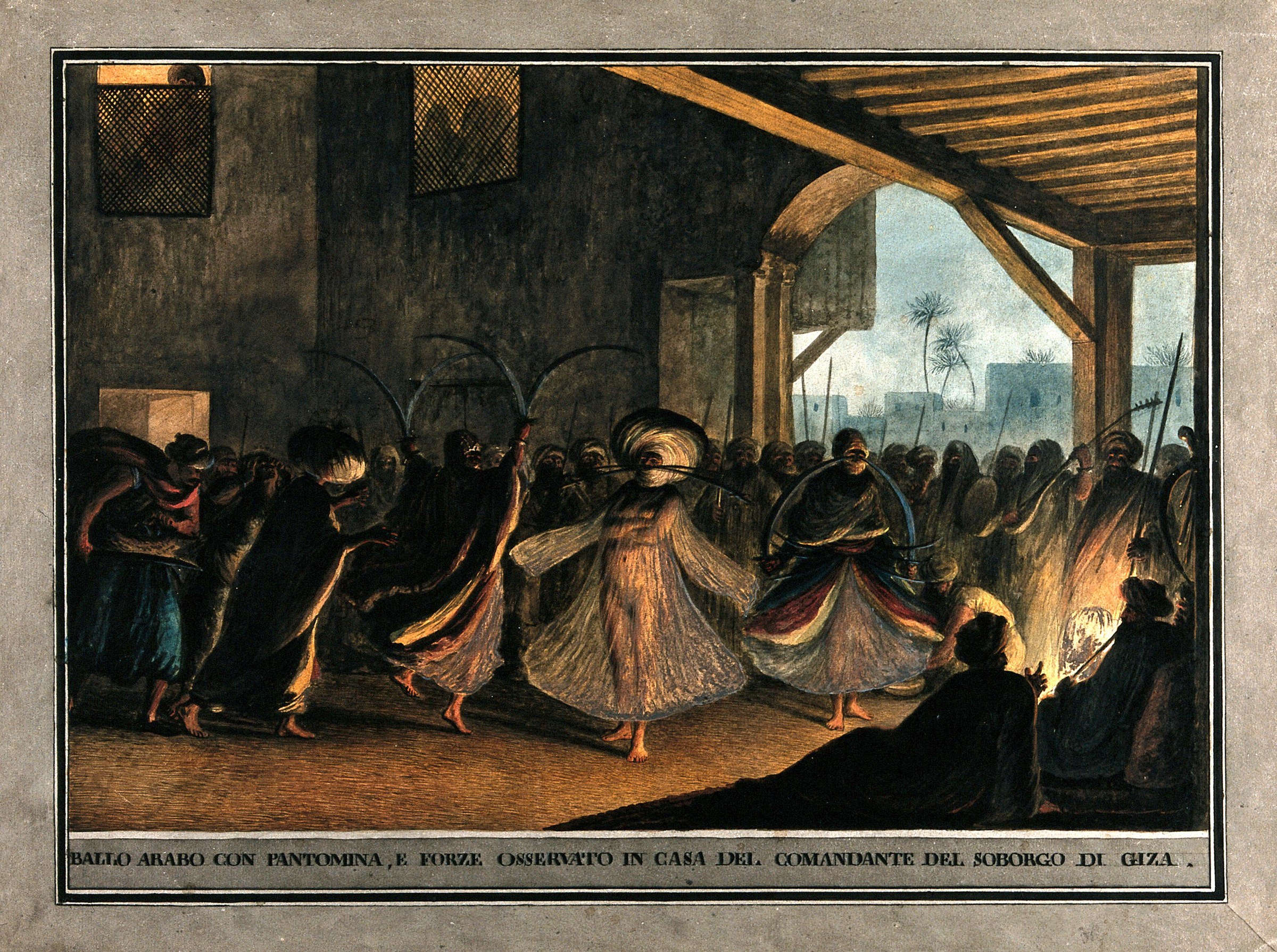 Female dancers in translucent robes spin with arms extended inside a stone-vaulted hall, surrounded by armed spectators in a late 18th-century Gaza interior.