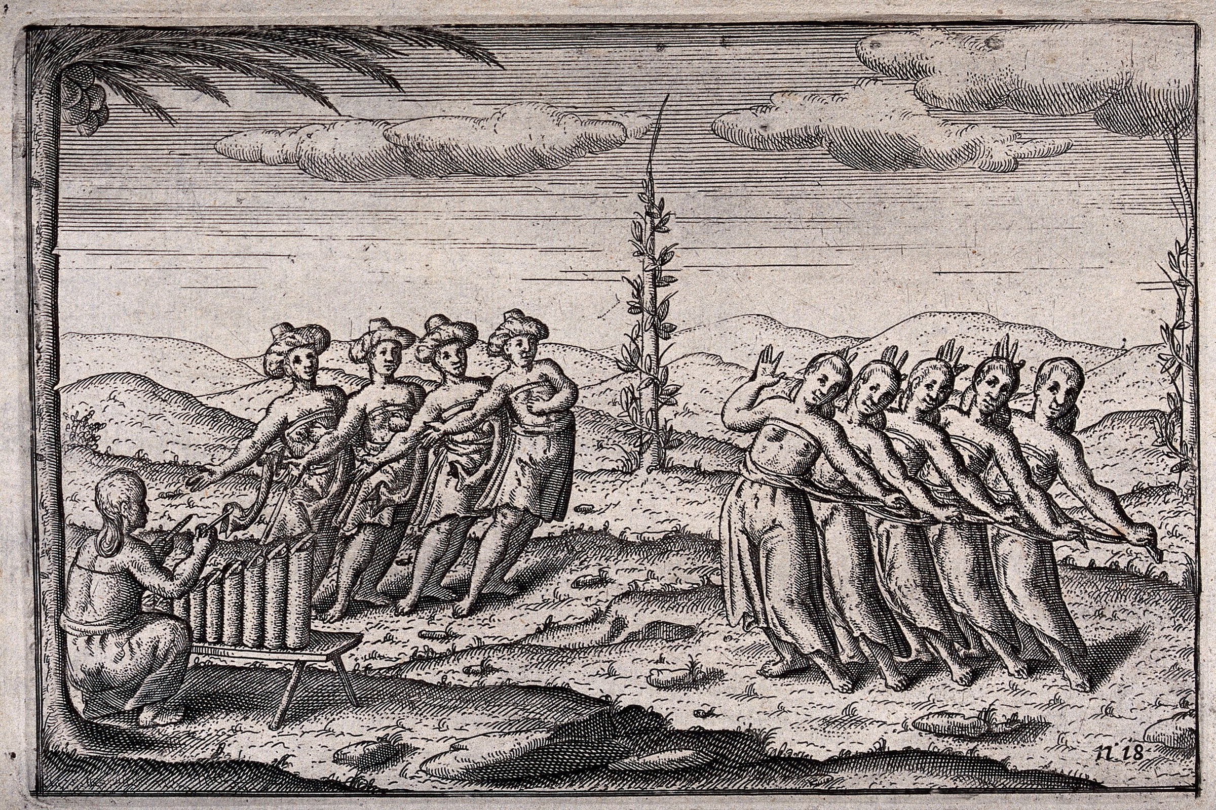 Engraving showing four standing figures on the left and six dancers in forward-leaning poses on the right, with a seated musician and central plant