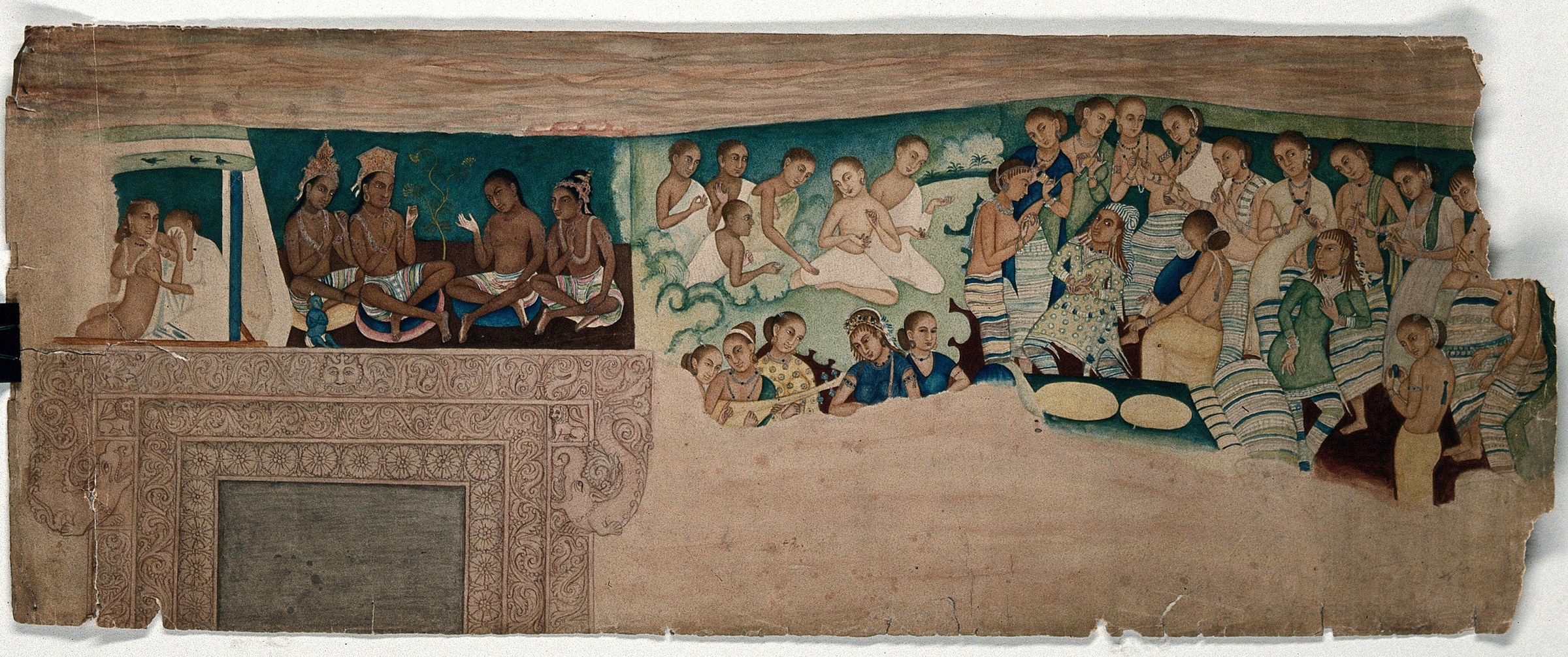Gouache painting showing musicians and dancers in ornate dress around a pool, with additional figures above in an Indian manuscript style.