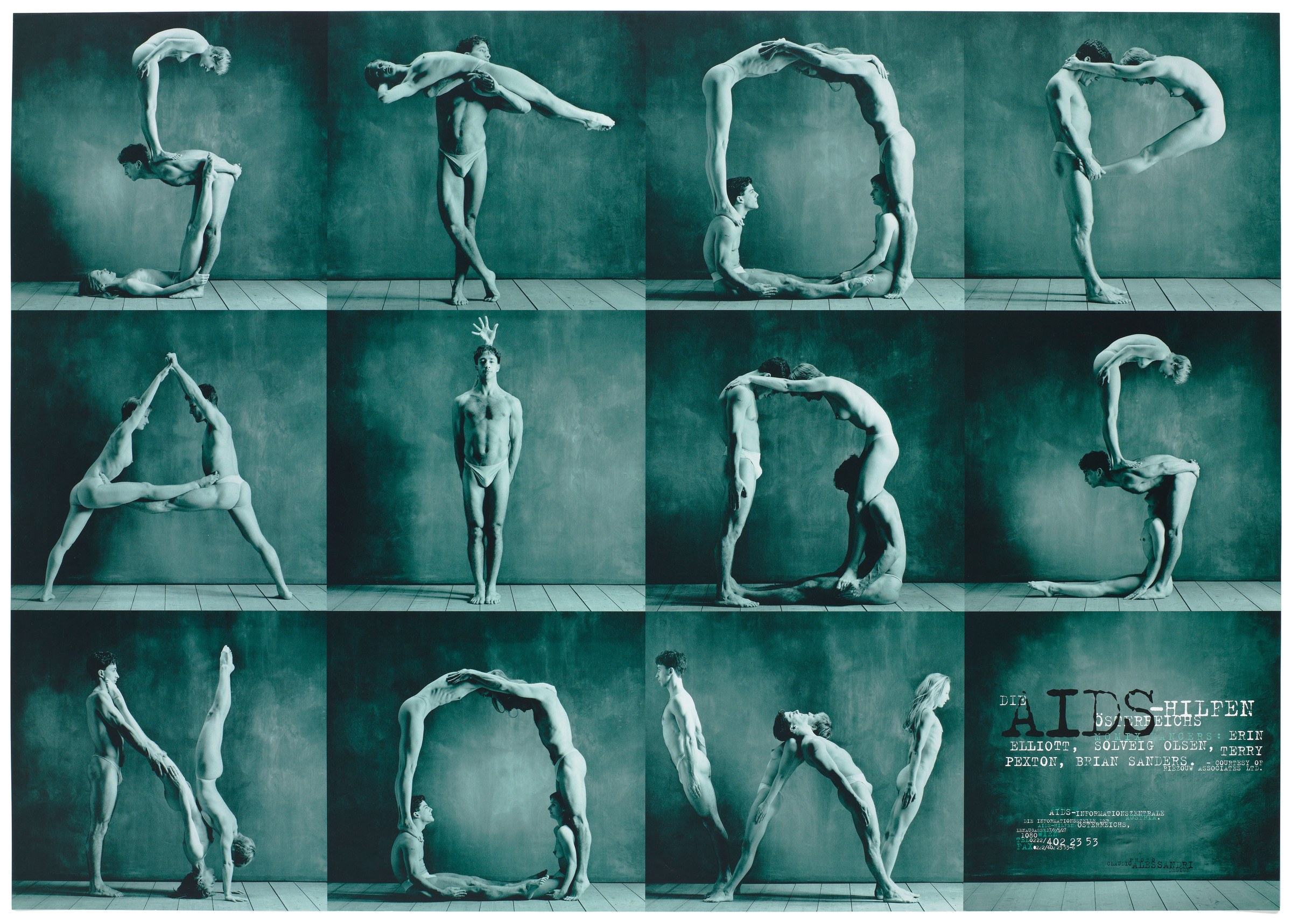Grid of sixteen photographs showing nude performers forming letter-shapes with their bodies against a teal background for an AIDS-Hilfen campaign.