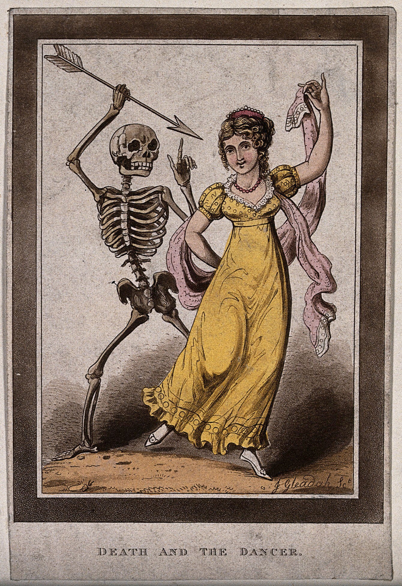 A skeleton holding a feathered arrow stands behind a woman in a yellow classical dress with raised arm, in a danse macabre composition.