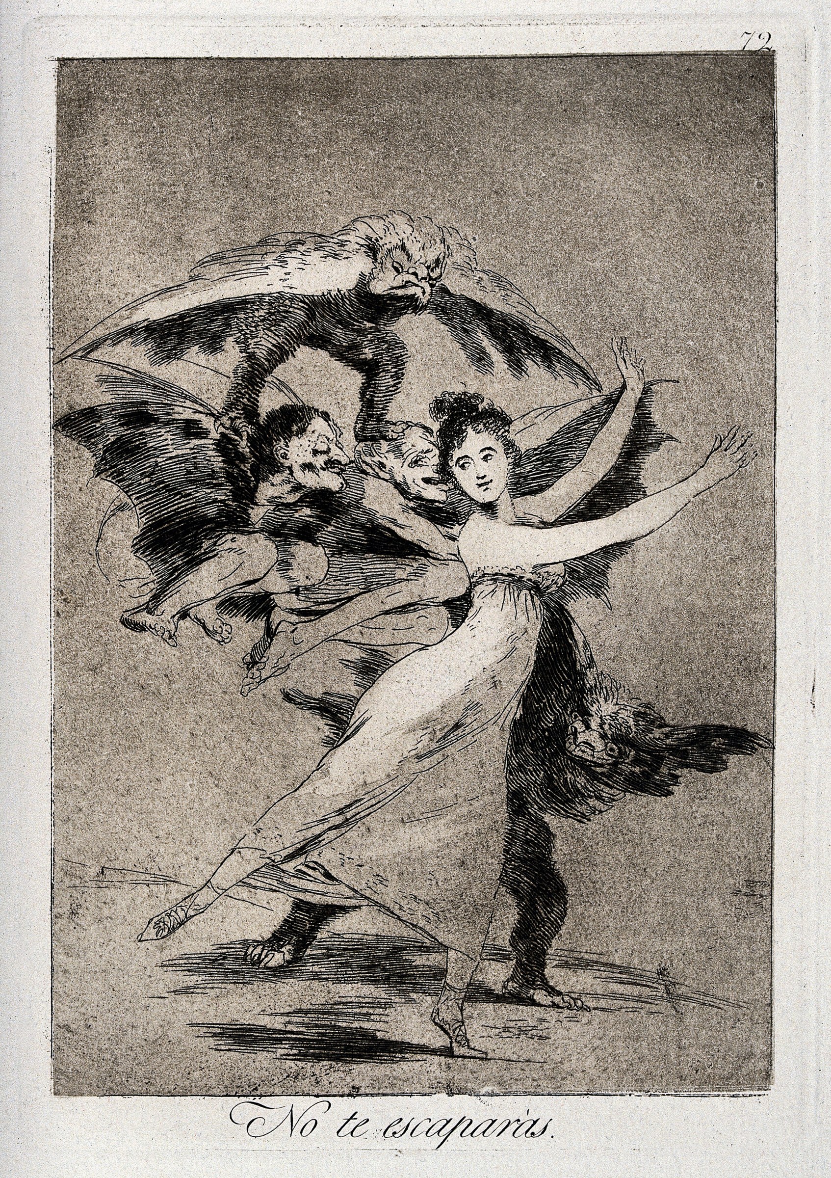 A young woman in white arches backward mid-leap, attended by three winged demonic figures with men's heads in an 18th-century etching.