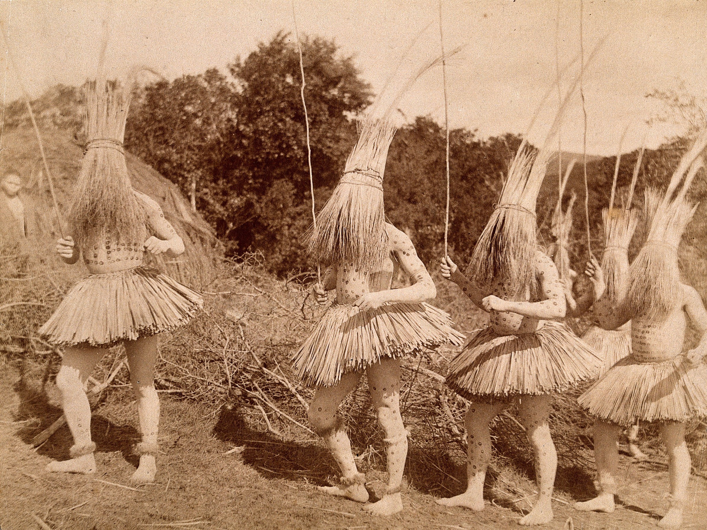 Five Indigenous dancers in tall fibre headdresses and bundled skirts hold vertical poles, posed upright in a formal semicircle on bare ground with tropical
