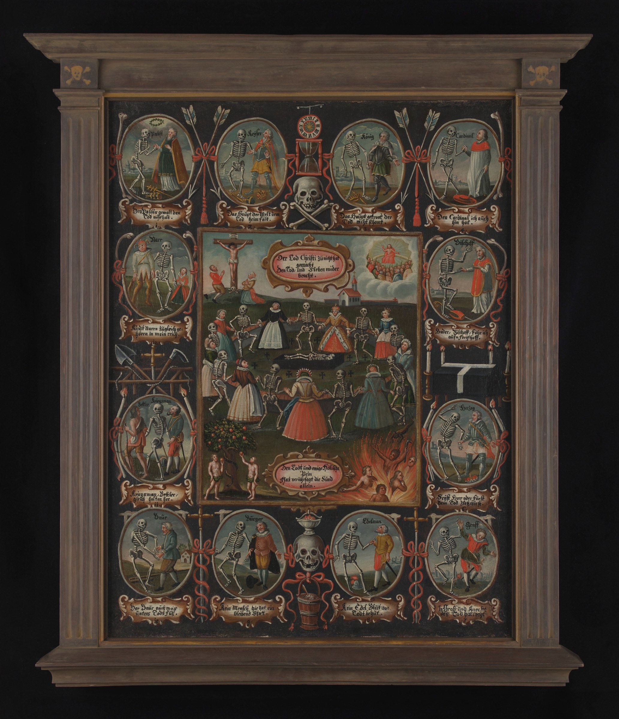 Central panel shows Renaissance figures and skeletons dancing; twelve oval vignettes around border show Death paired with figures of different social ranks