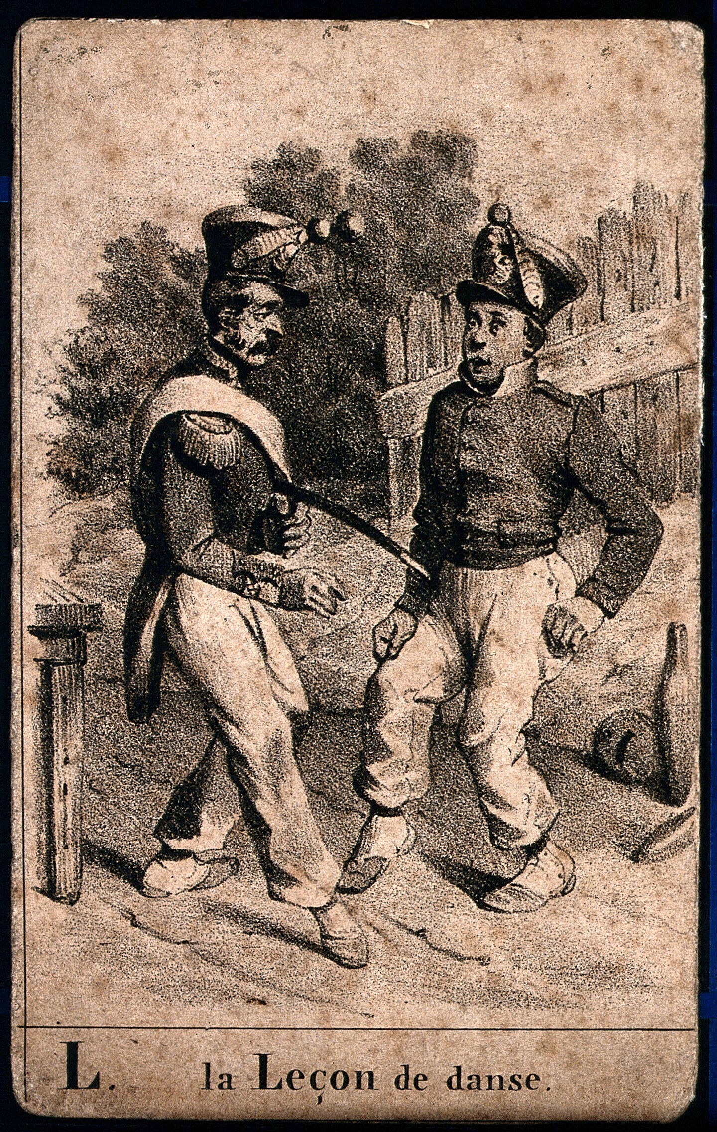 Two uniformed soldiers dance in a street; the left figure performs a high leg kick while the right watches with arms raised.