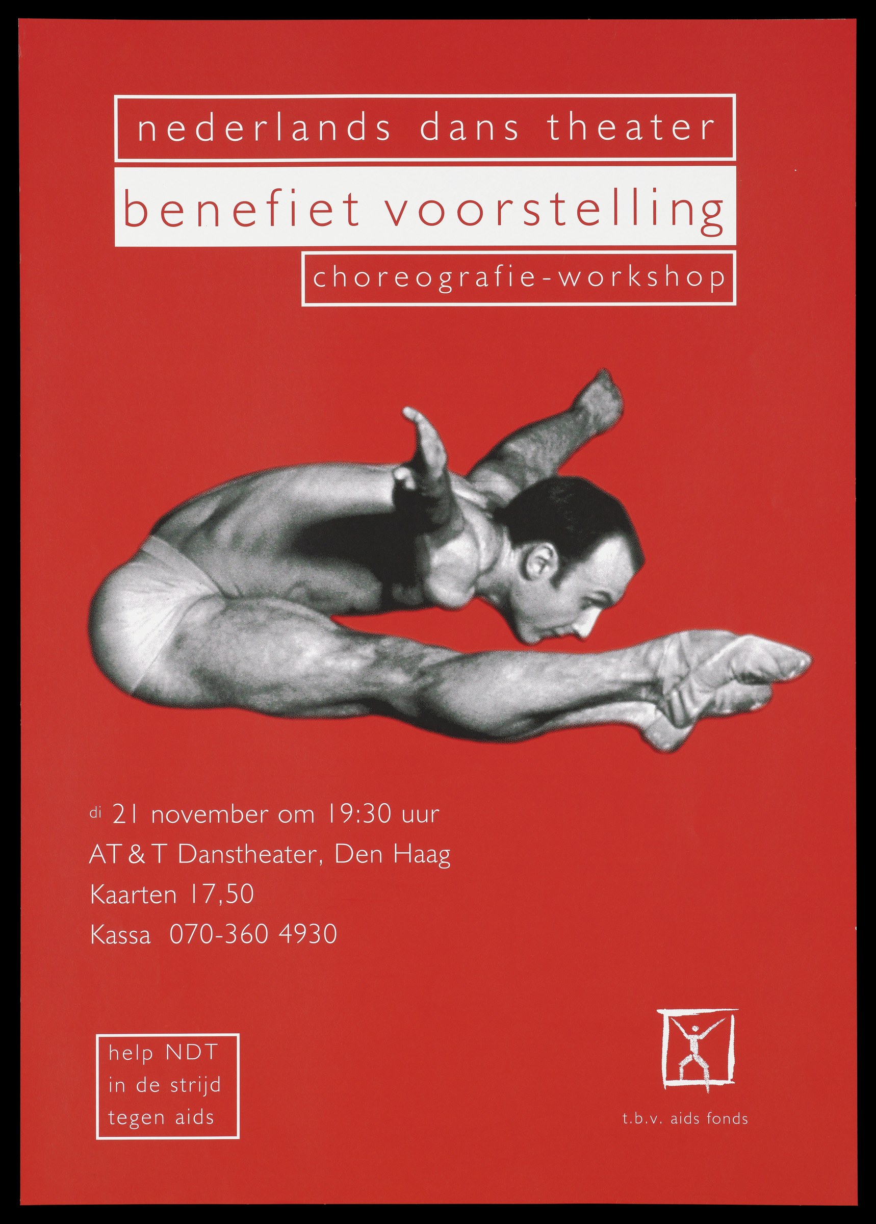 Male dancer in horizontal leap against red background, black-and-white lithograph promoting AIDS benefit dance event at Netherlands Dans Theater, The Hague