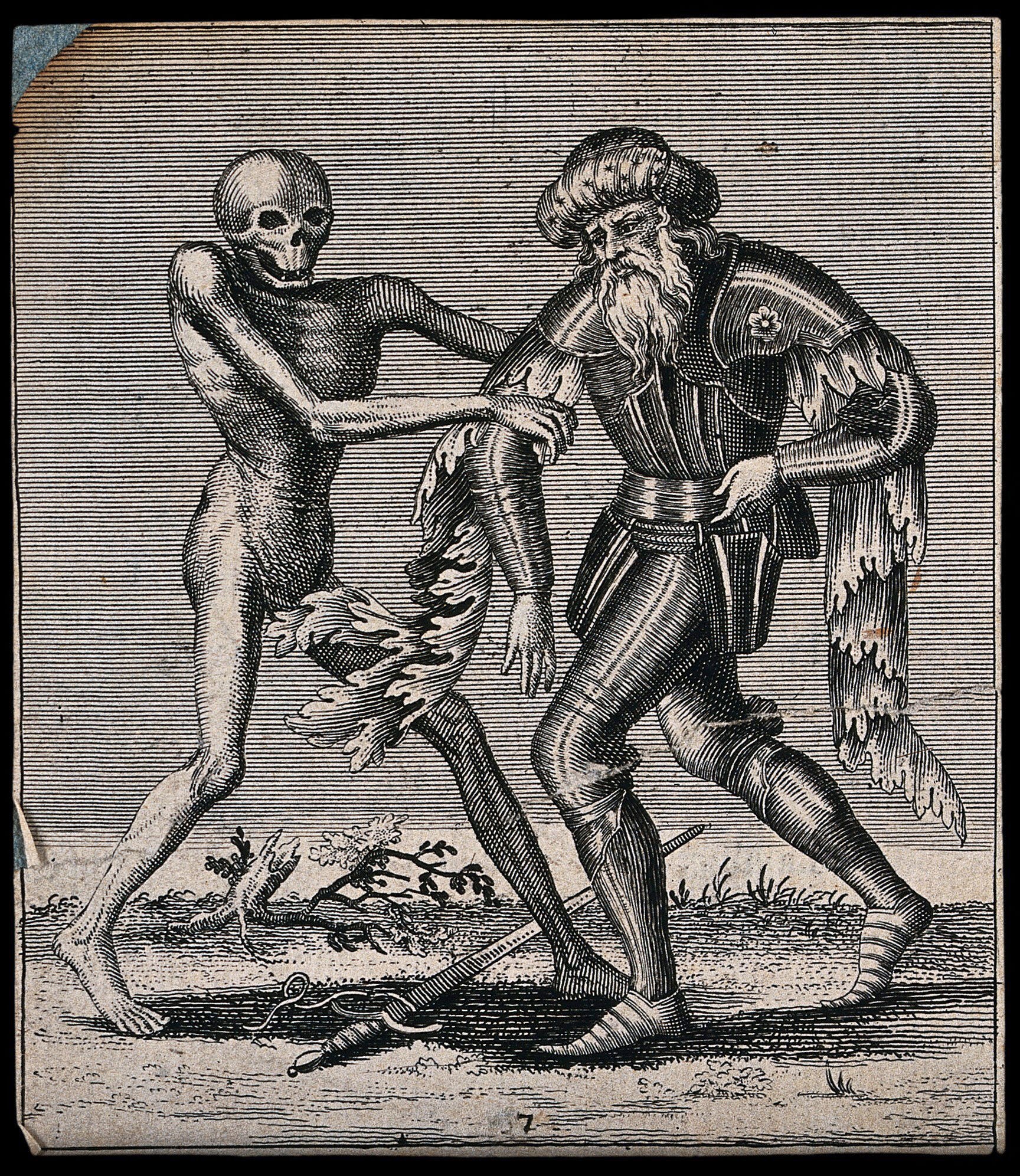 Etching of a skeleton in animated pose facing a formally dressed gentleman in armor, in a danse macabre scene.