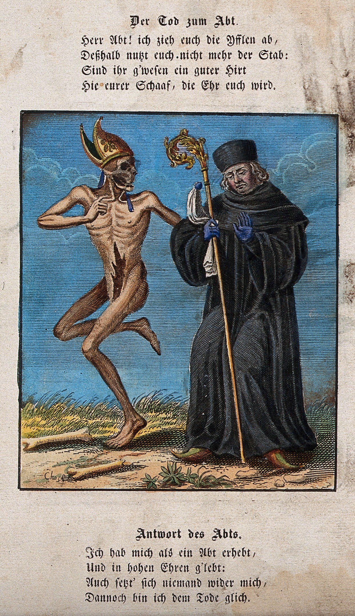 A skeleton in a pointed bishop's mitre faces a Benedictine abbot in black robes; the skeleton's leg is raised in an animated pose against a bright blue sky.