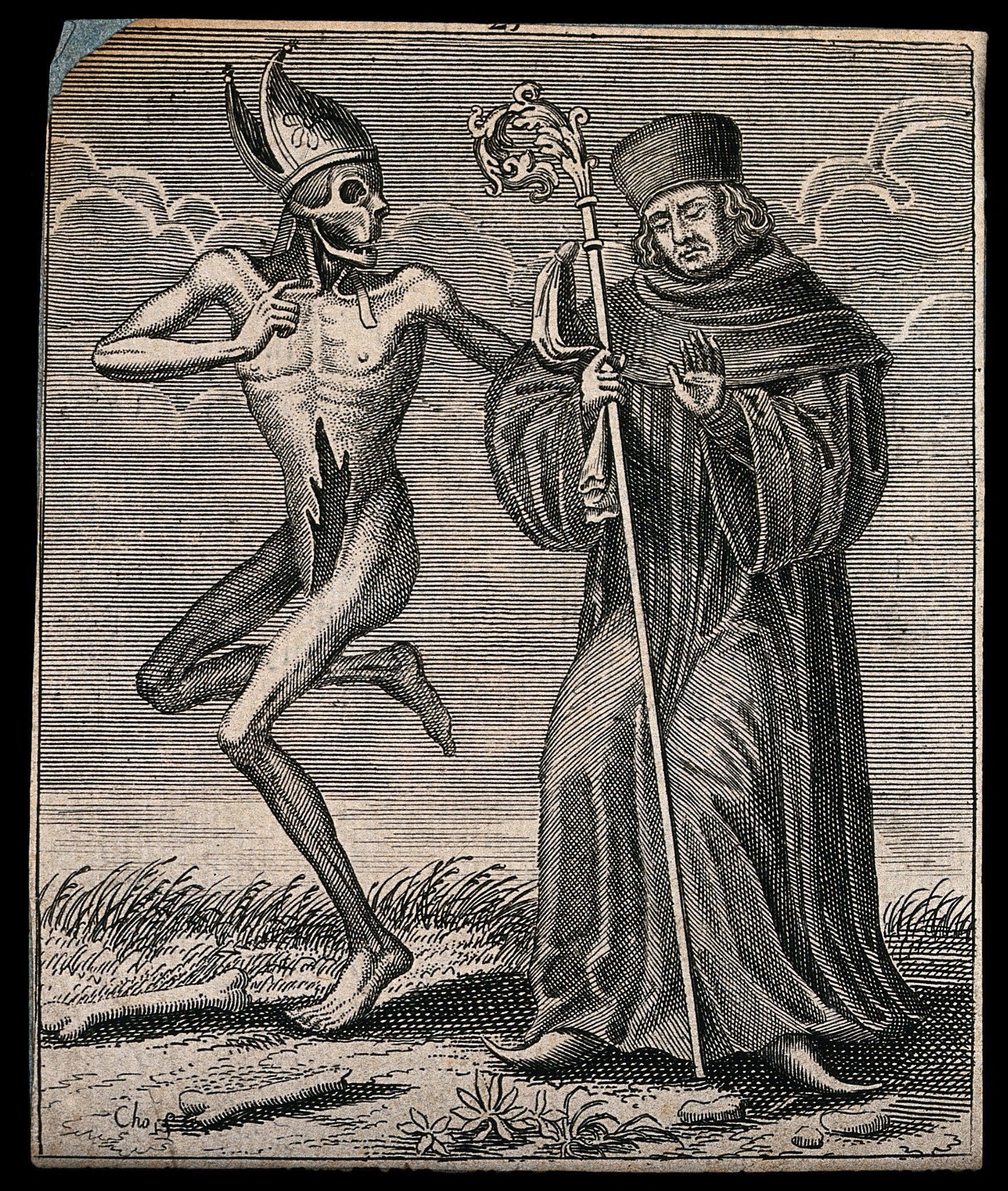 Etching: skeleton with pointed hat and ribs visible plays stringed instrument while dancing across grass; elderly abbot in robes and tall hat holds crosier