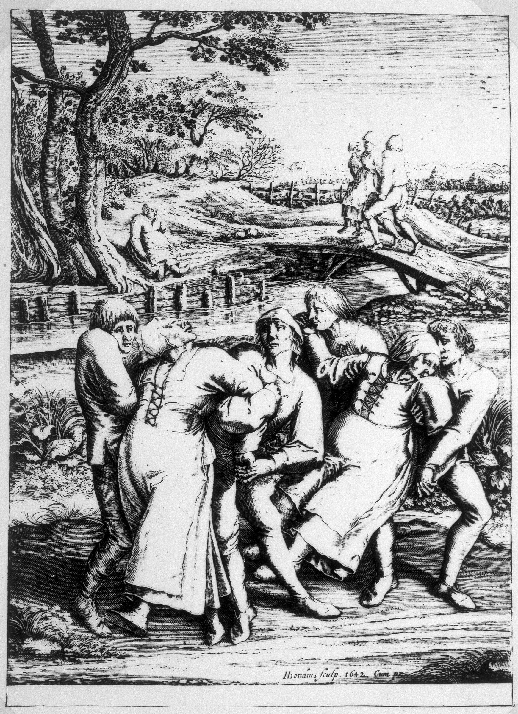 Engraving showing emaciated, contorted figures dancing with wild, jerking movements near a stream in a rural landscape.