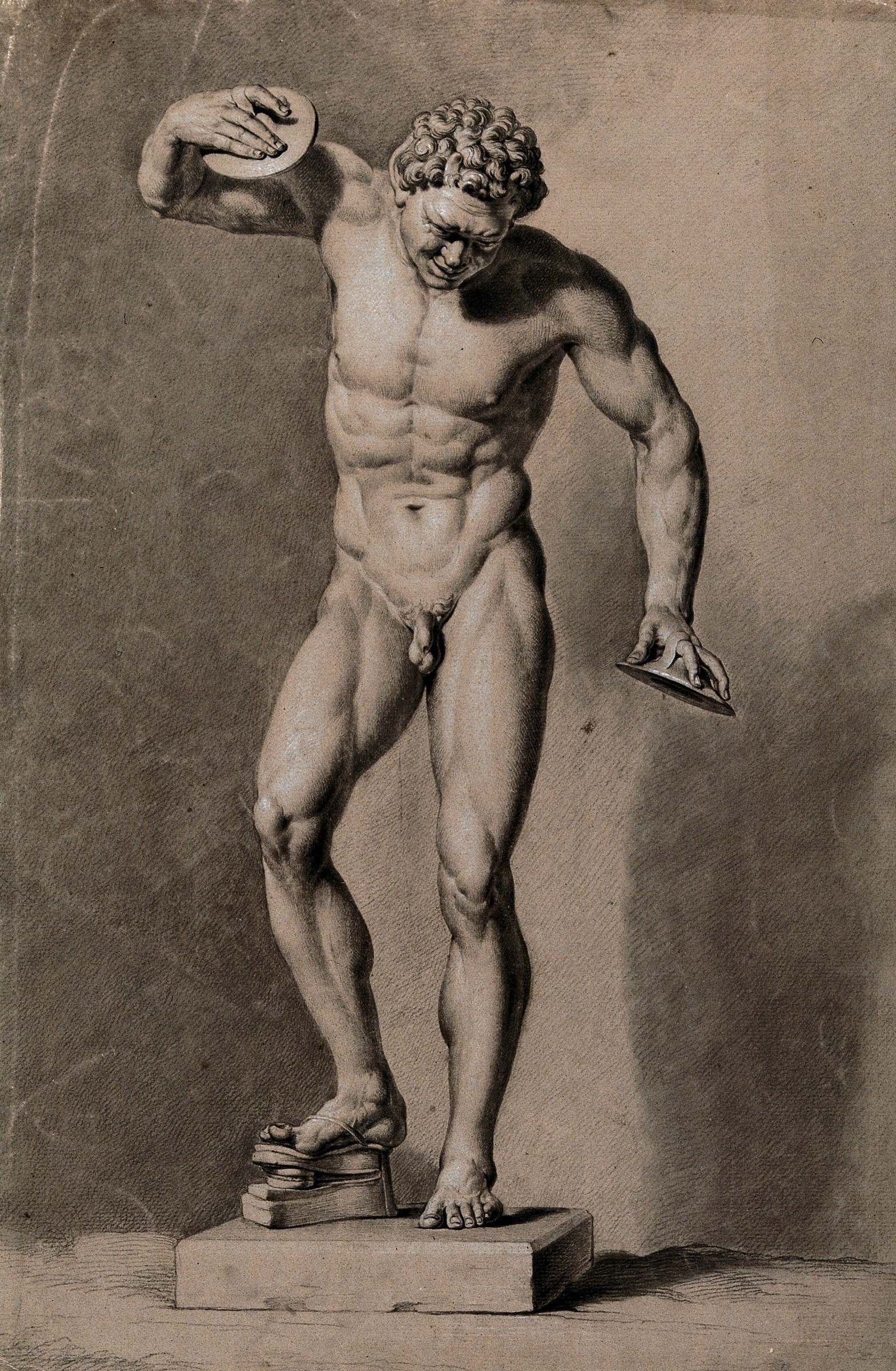Classical male nude in contrapposto, left arm raised holding a circular object, right arm at side. Pencil drawing with strong anatomical modeling.