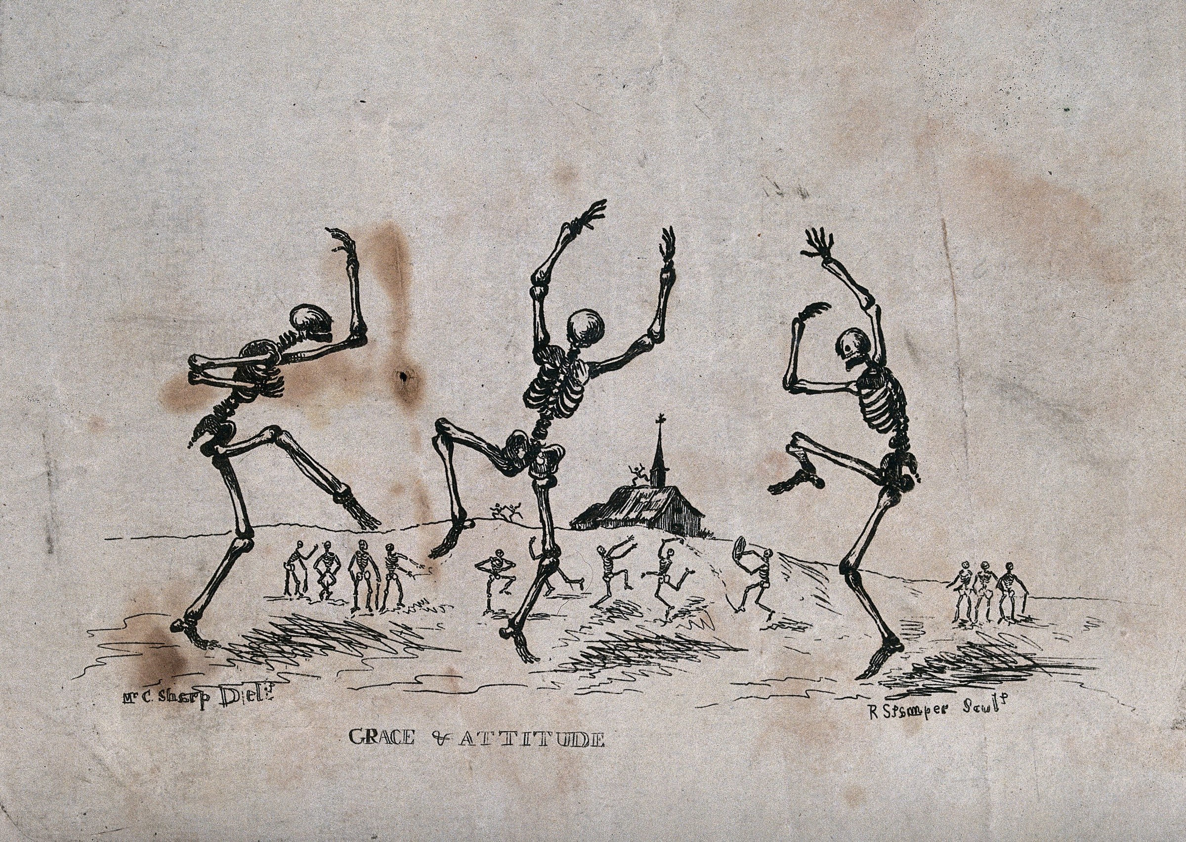 Five anatomically detailed skeletons in exaggerated contorted poses dance before a chapel as tiny human figures watch from the ground.