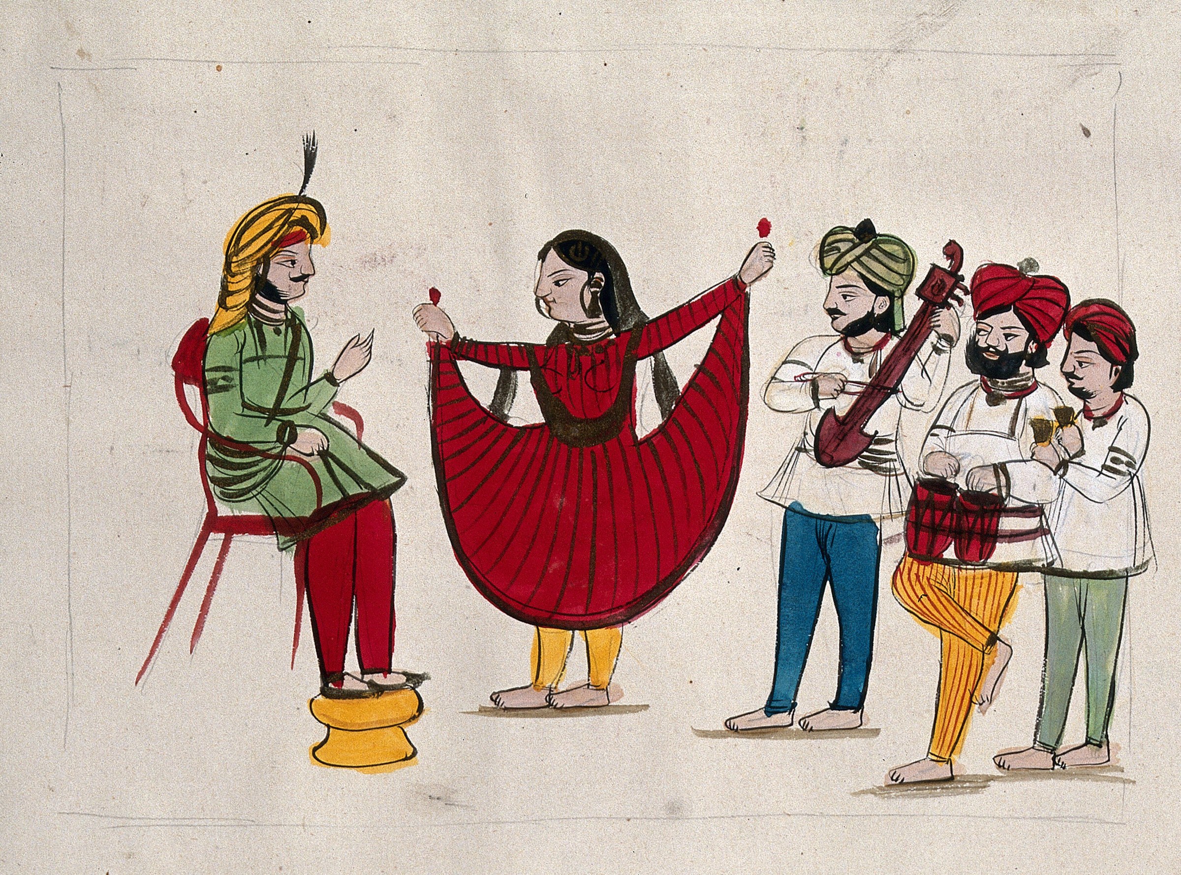 A woman in a red skirt and striped tunic stands with raised arms before a group of five musicians and attendants in turbans, in a Mughal-era watercolor.
