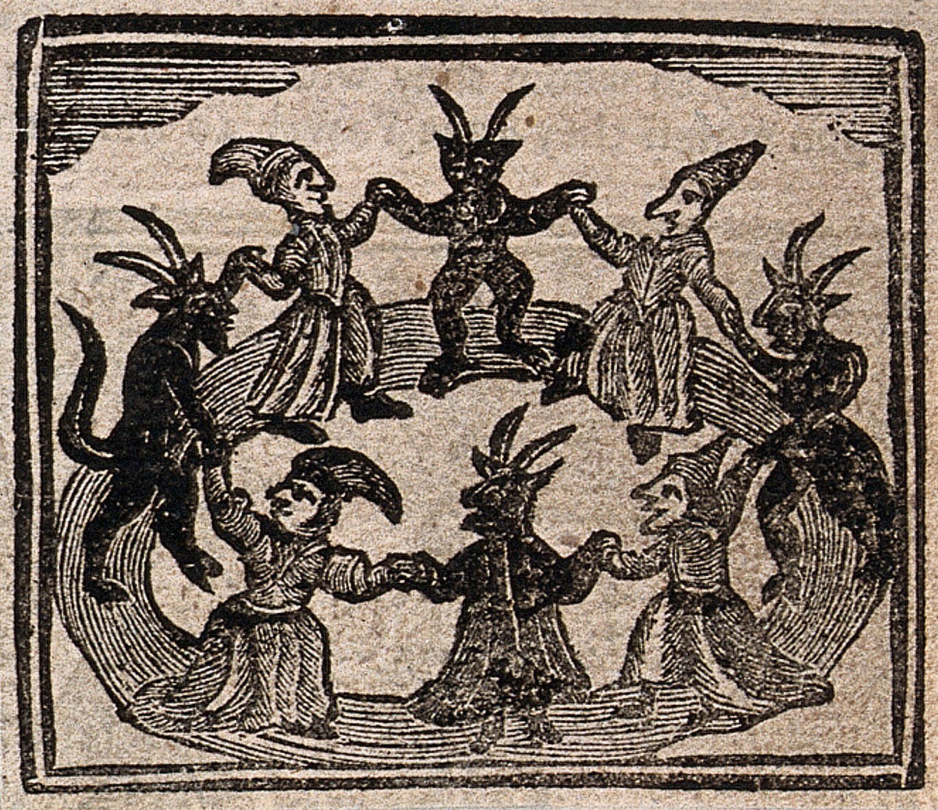 A woodcut showing eight robed figures and four demons arranged in a circle around a central horned devil, with raised arms suggesting ritual dance.