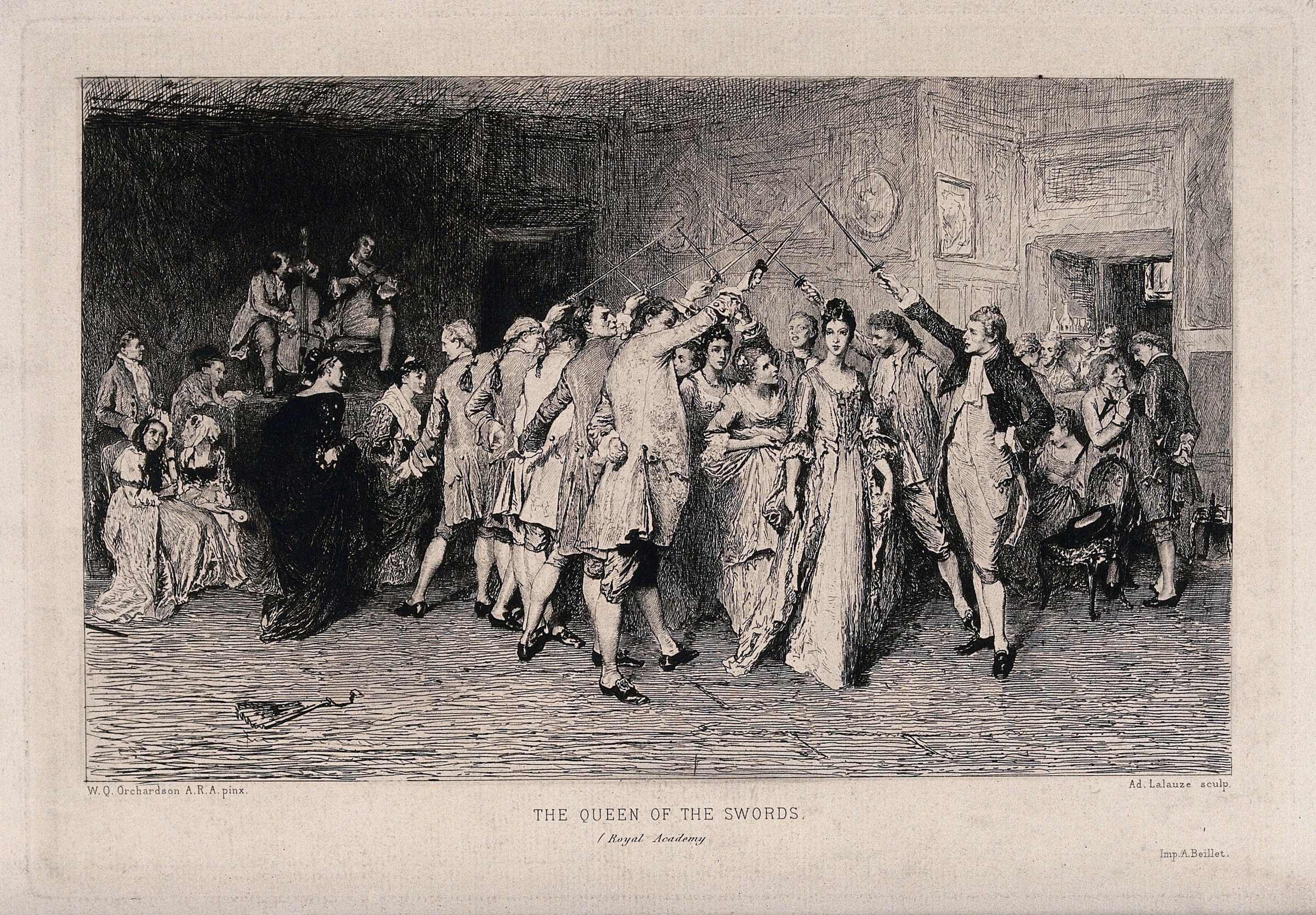 Etching of women in Regency dress dancing beneath an arch of crossed swords held by men in a formal ballroom setting.