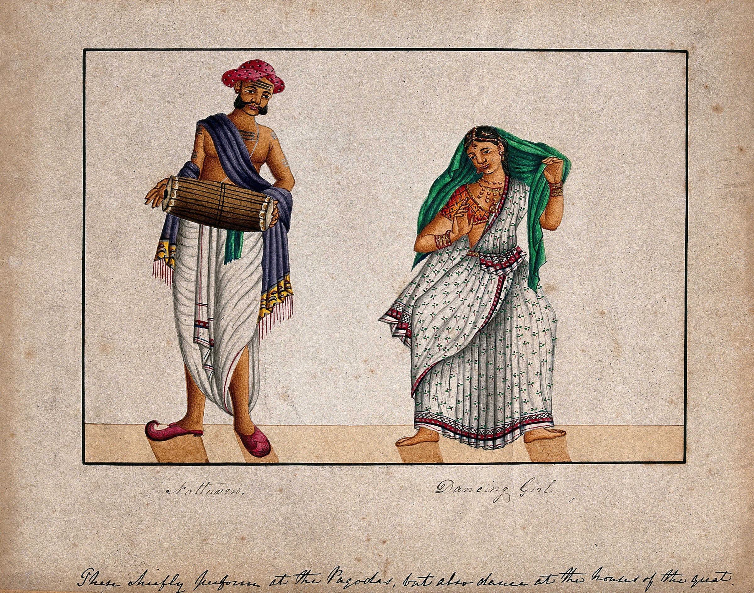A bearded musician in a burgundy cap holds a striped drum; beside him, a woman in a pleated skirt raises a green shawl in a dance posture.