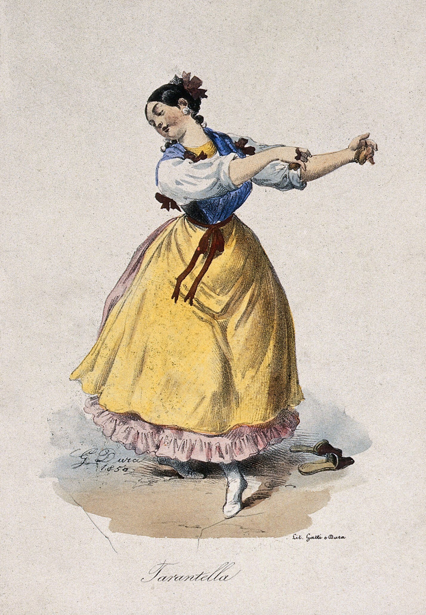A woman in a yellow skirt and blue bodice dances with raised arms, one shoe kicked off, labeled Tarantella.