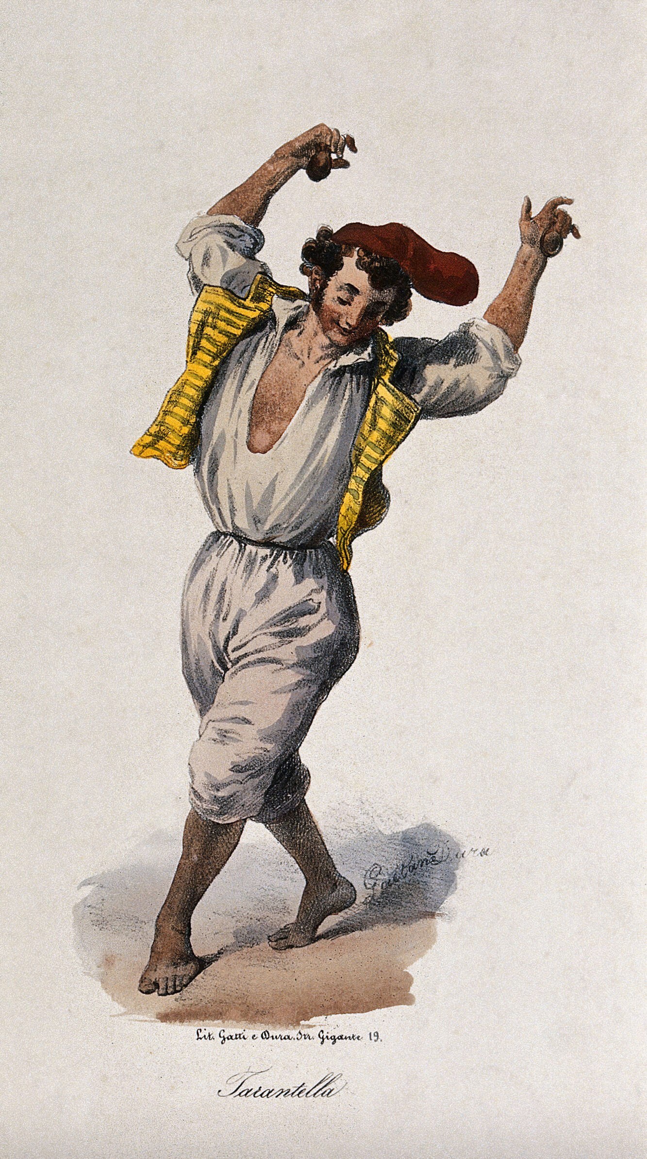 A barefoot male dancer in dynamic motion, arched backward with raised arms, wearing white breeches, open tunic, yellow-striped sash, and red cap.