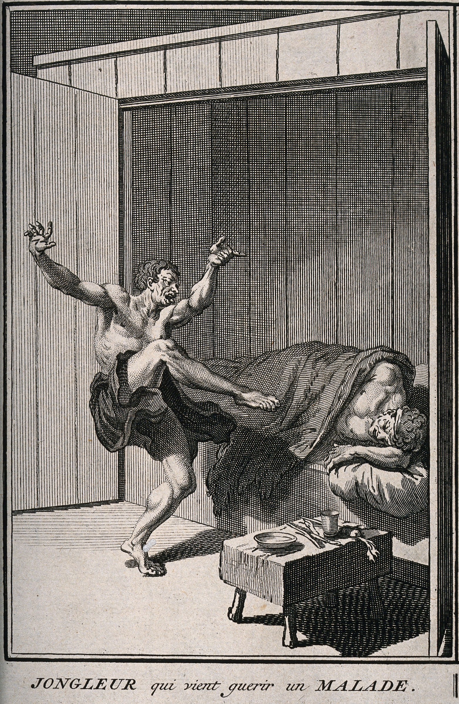 Engraving of a muscular, nearly nude performer in an explosive acrobatic pose, arms raised and one leg extended high, before a reclining patient in a sickroom.