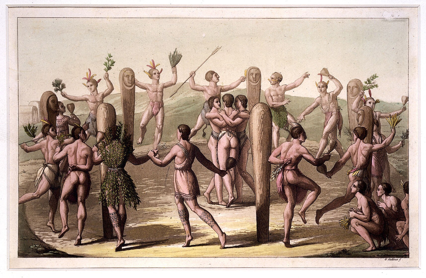 Coloured aquatint showing dozens of scarcely clothed figures gathered around two tall wooden posts in a landscape, with raised arms and gesturing bodies.