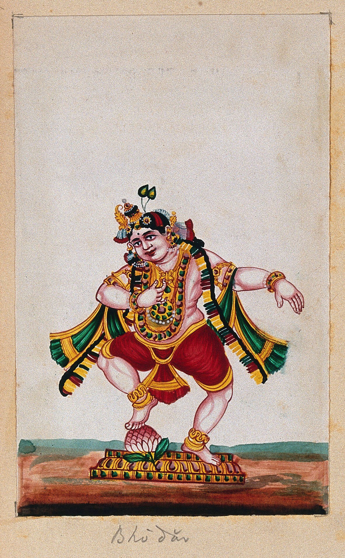 A portly Krishna figure in ornate costume stands dancing on a lotus, wearing a peacock crown, jeweled necklaces, and flowing green-gold cape.
