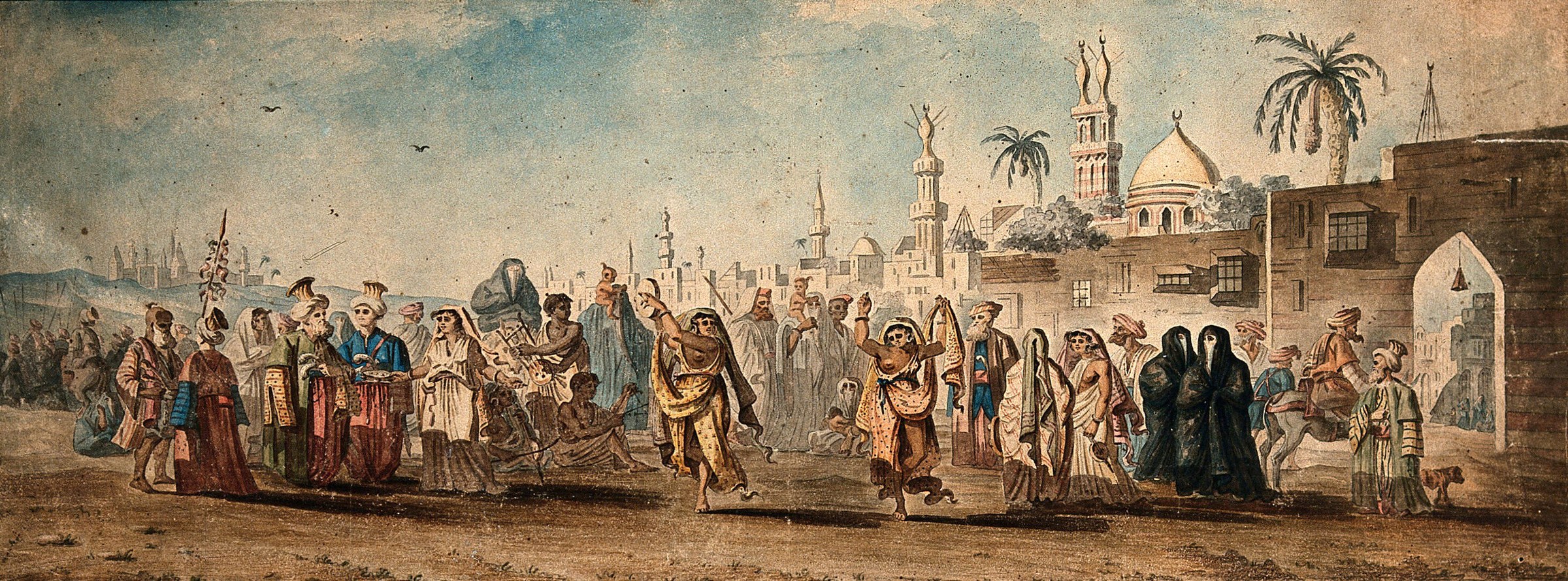 Watercolor of a formal gathering before an Ottoman mosque, with elaborately dressed figures in robes and turbans arranged in ceremonial formation.
