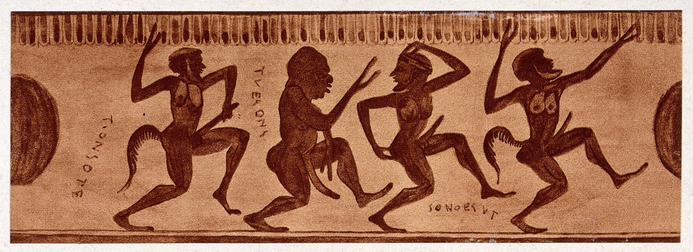 Five dancing hybrid figures—human torsos with animal hindquarters—in a sepia frieze, each in a distinct dynamic pose.