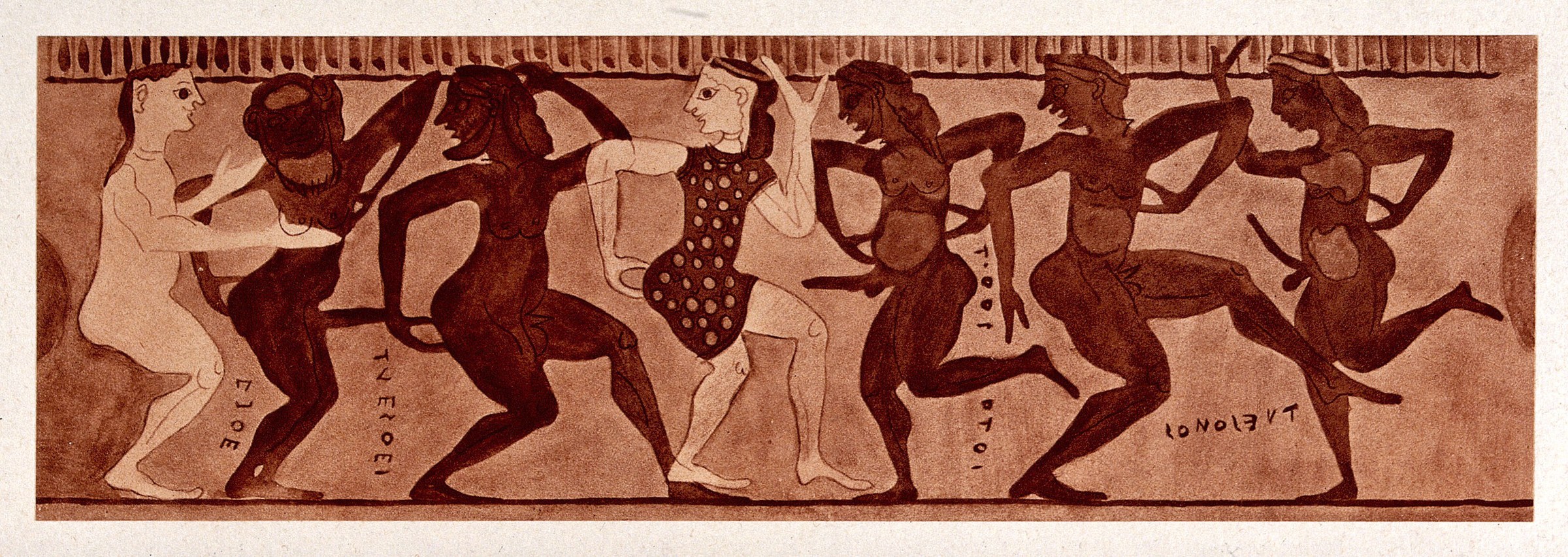 Frieze of seven dancing figures in reddish-brown tones, with arms raised and bodies swaying, against a pale background. A paler figure stands to the left.