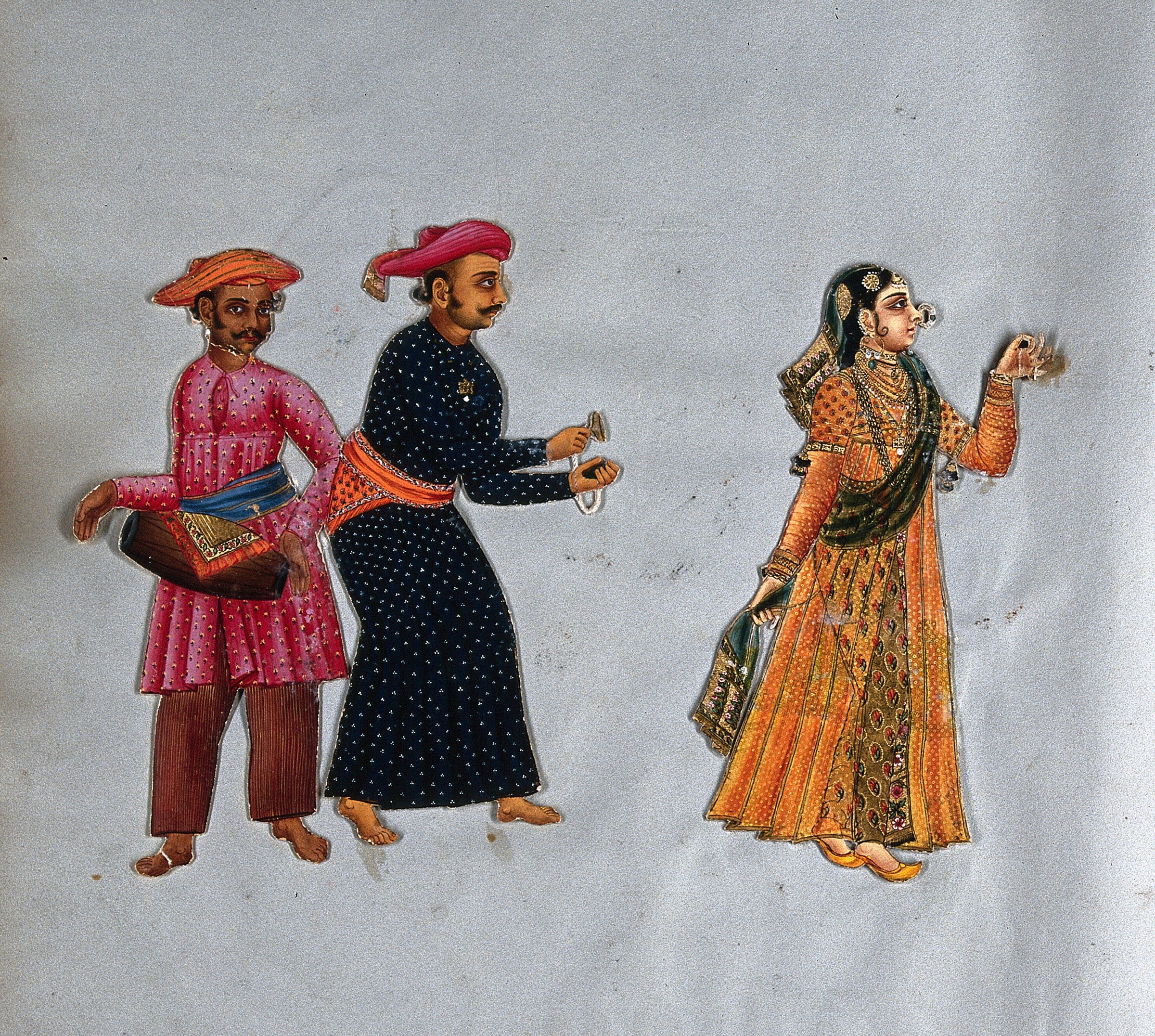 Gouache painting of an ornately dressed woman with raised right hand flanked by two male attendants in a 17th-18th century Indo-Islamic court scene.