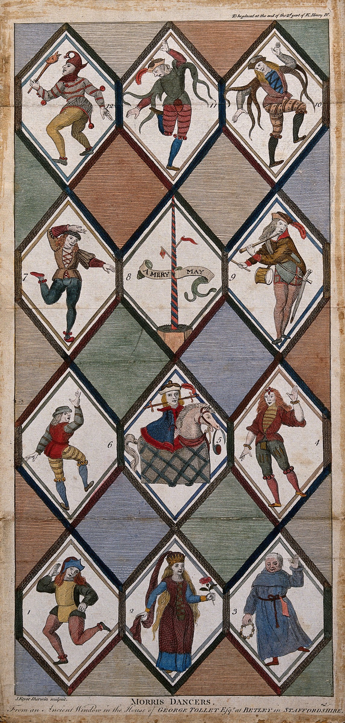 Hand-coloured engraving of nine morris dancers in separate diamond frames, each in elaborate period costume in varied acrobatic poses, with a Maypole banner at