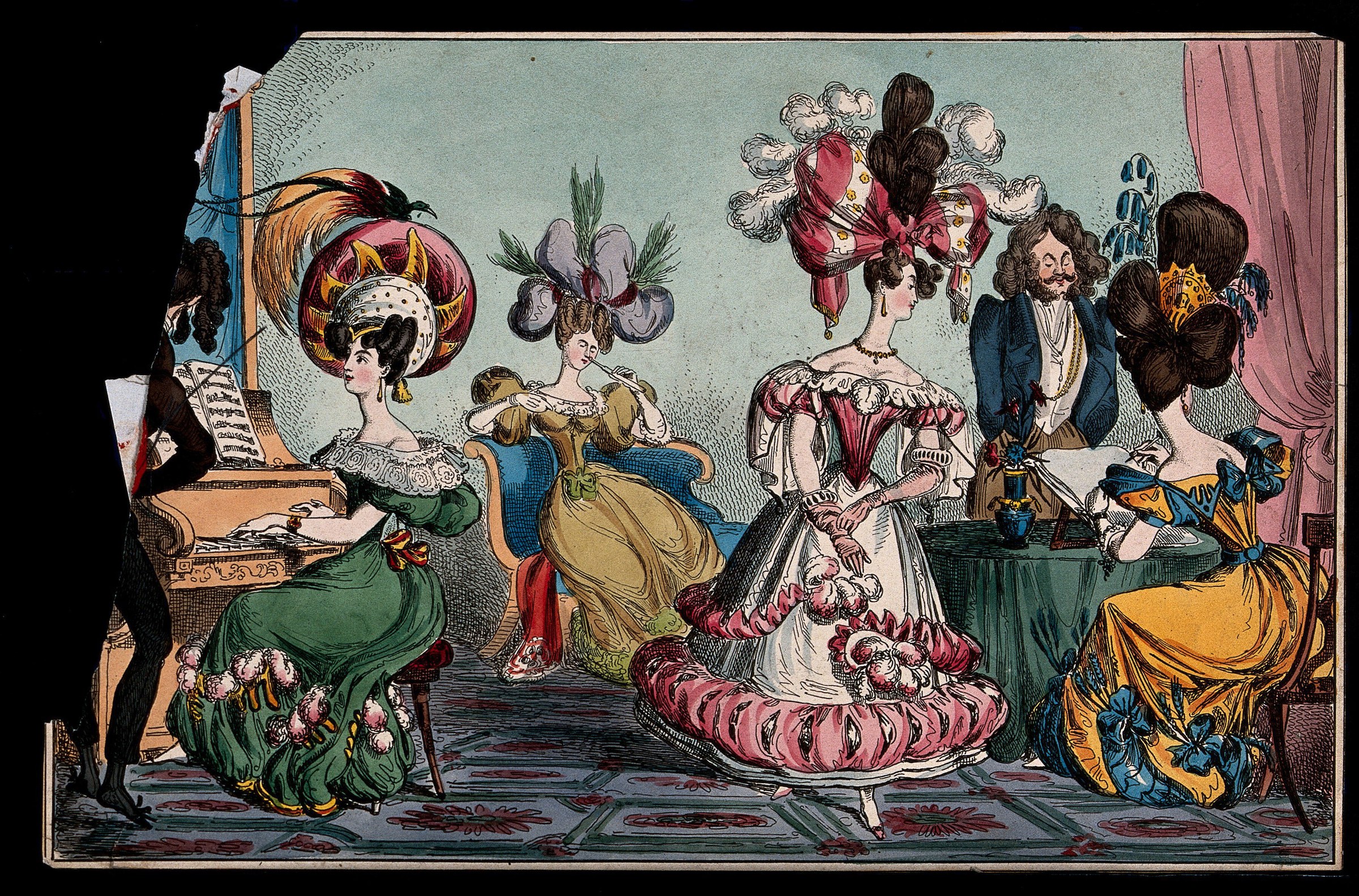 Five fashionable women and two male musicians in a decorated parlor; the central woman wears an enormous white skirt with pink bows, others have elaborate
