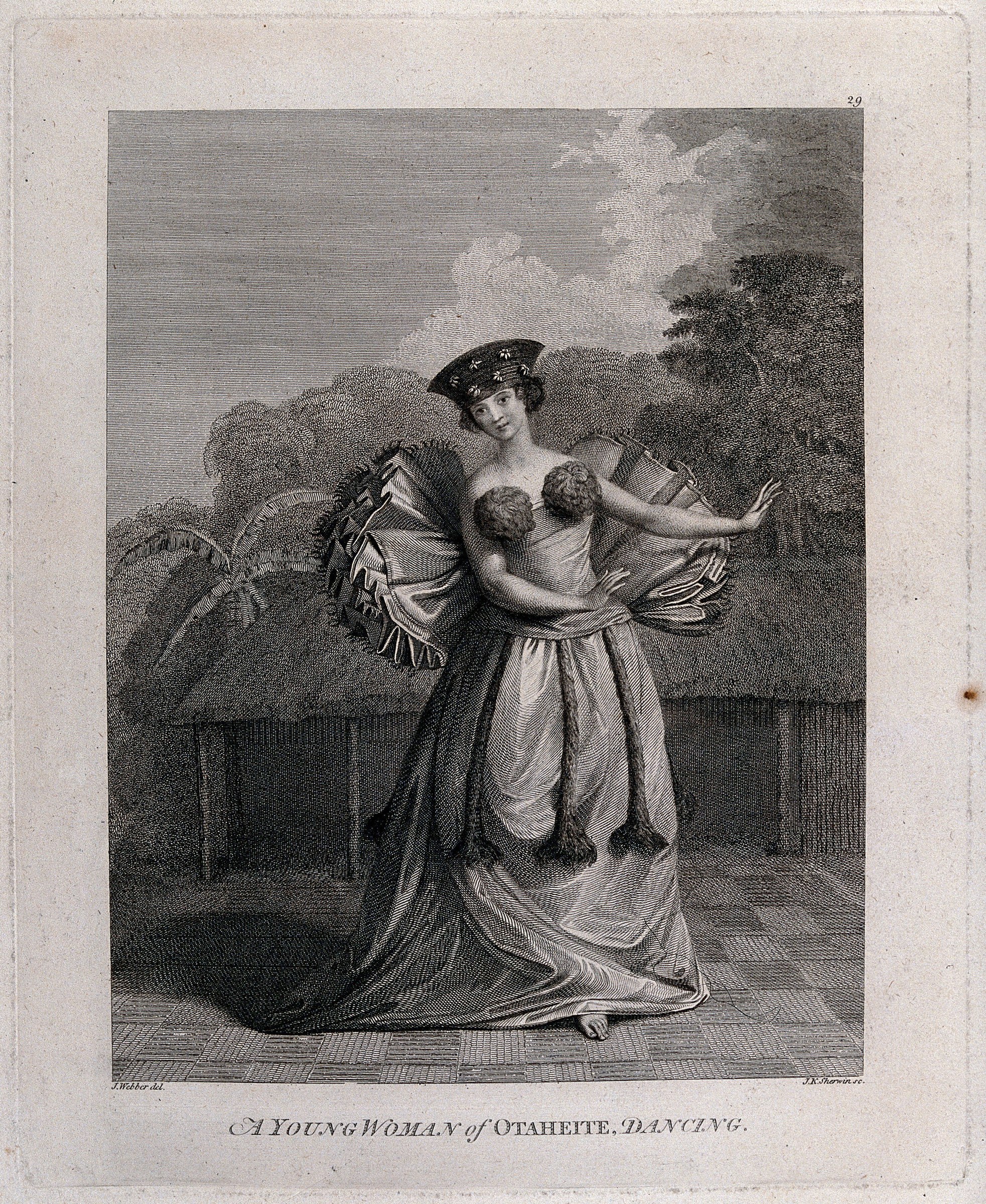 Line engraving of a woman in high-waisted 1780s dress with feathered headdress, arm raised, holding a fan, with a cherub beside her in a garden setting.