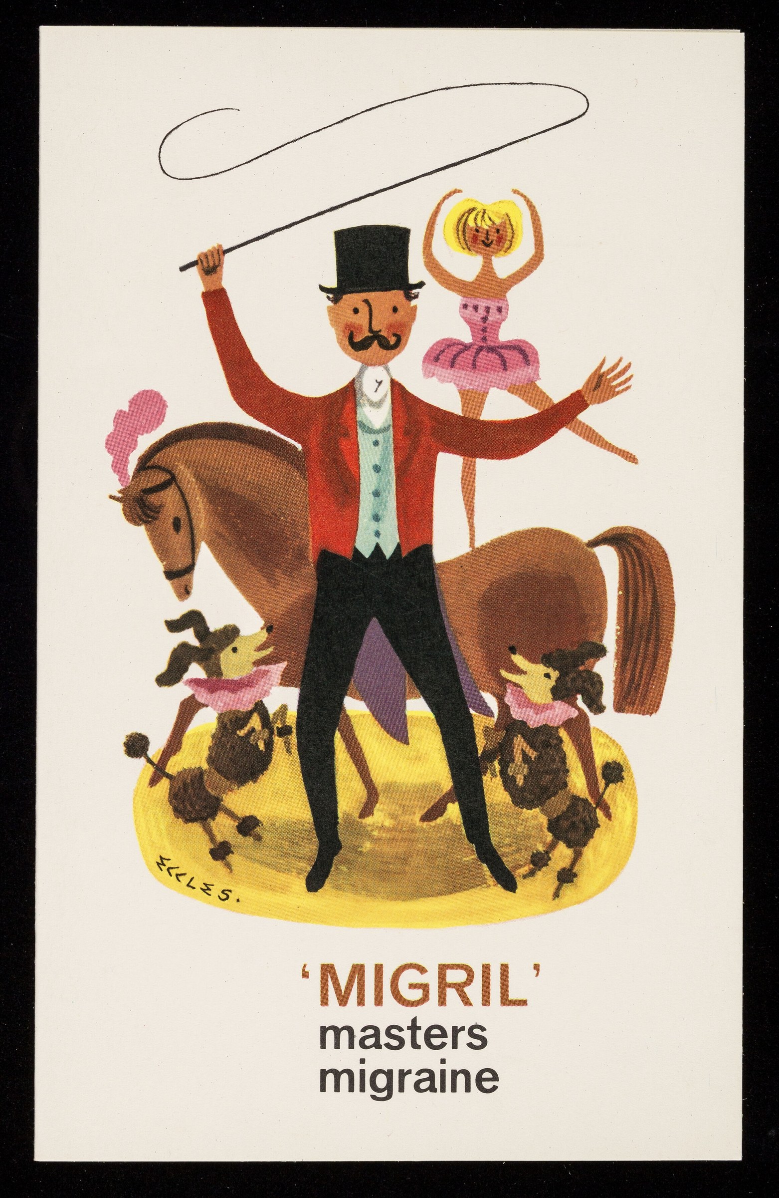 Ringmaster in top hat and red coat holds whip above a blonde ballet dancer in pink tutu with raised arms, surrounded by horse, clowns, and circus ring.