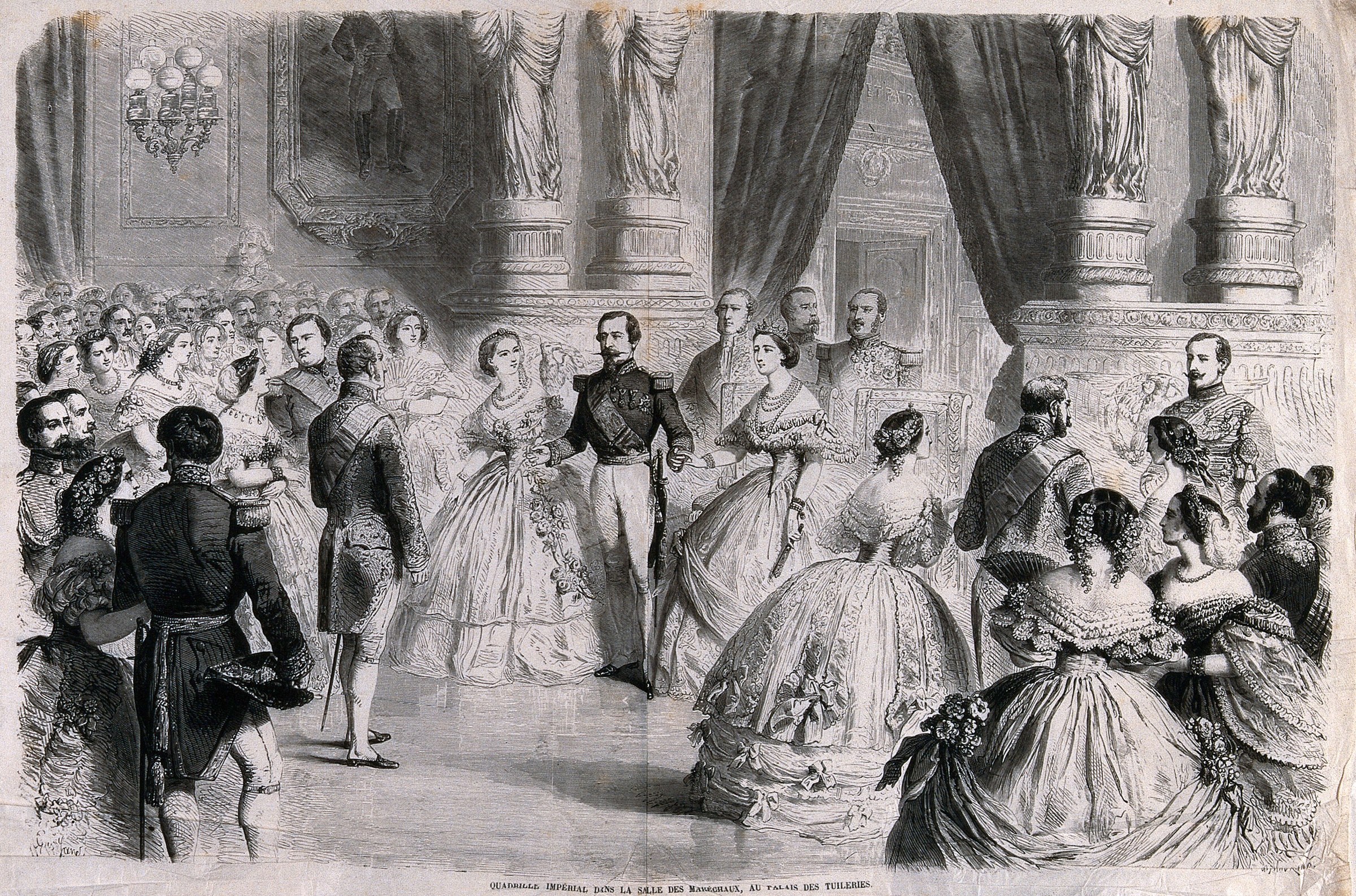 Wood engraving of four couples dancing a quadrille in formal dress at the Palais des Tuileries, surrounded by aristocratic spectators in an ornate columned