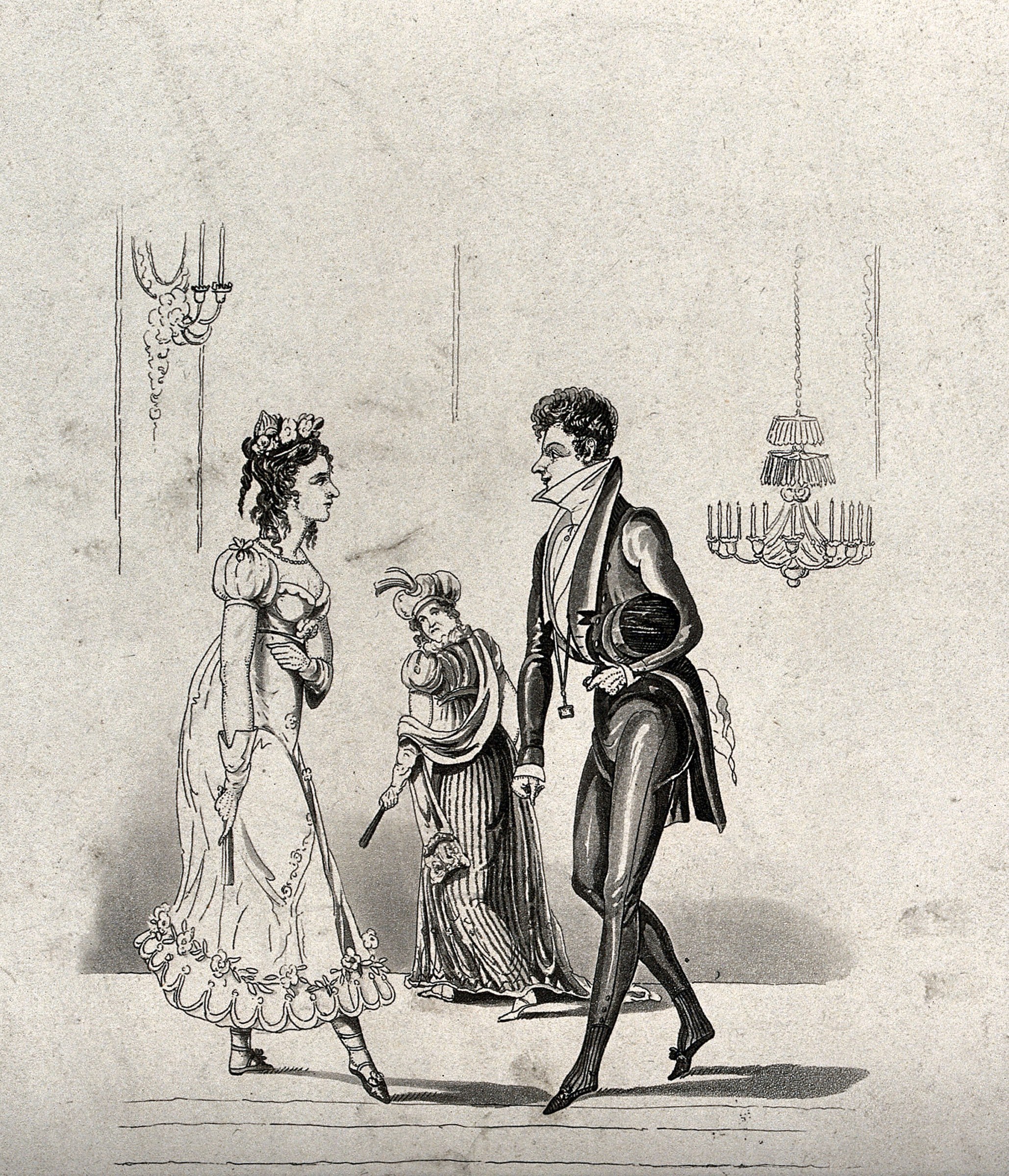 Engraving of a Regency-era couple in formal dress at the moment of dance invitation, with a younger attendant watching from behind.