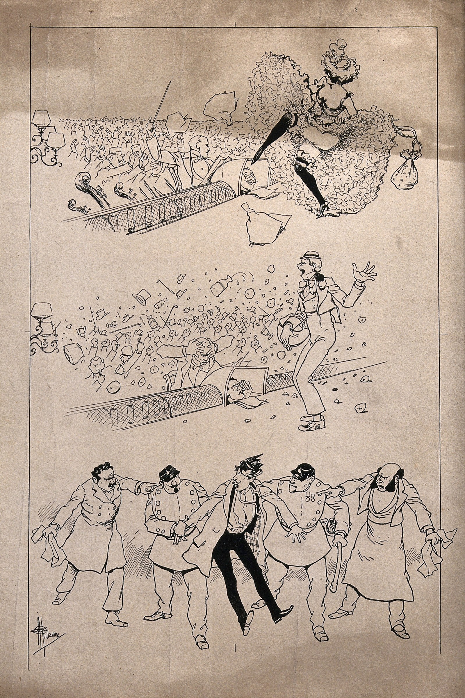 Three-panel satirical sketch showing a music hall prompter approving a can-can dancer, ejecting a rival performer, then being arrested.