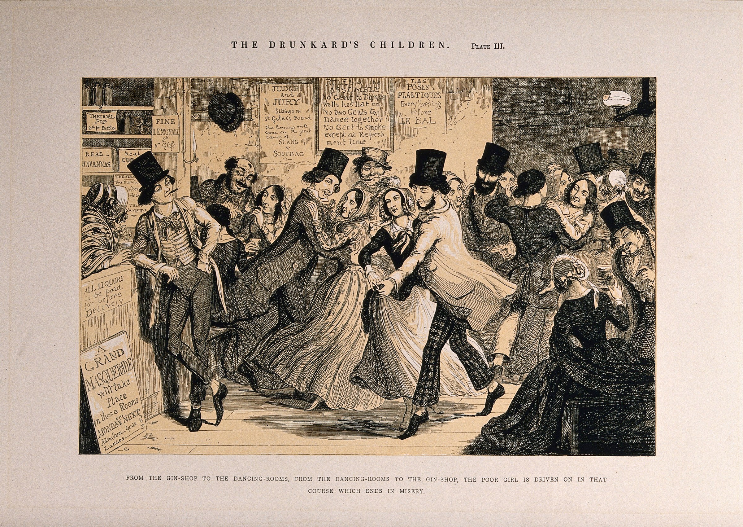 Crowded dance hall scene: intoxicated couple in close embrace at center, man in checkered trousers, woman in pale dress with swinging skirt, surrounded by