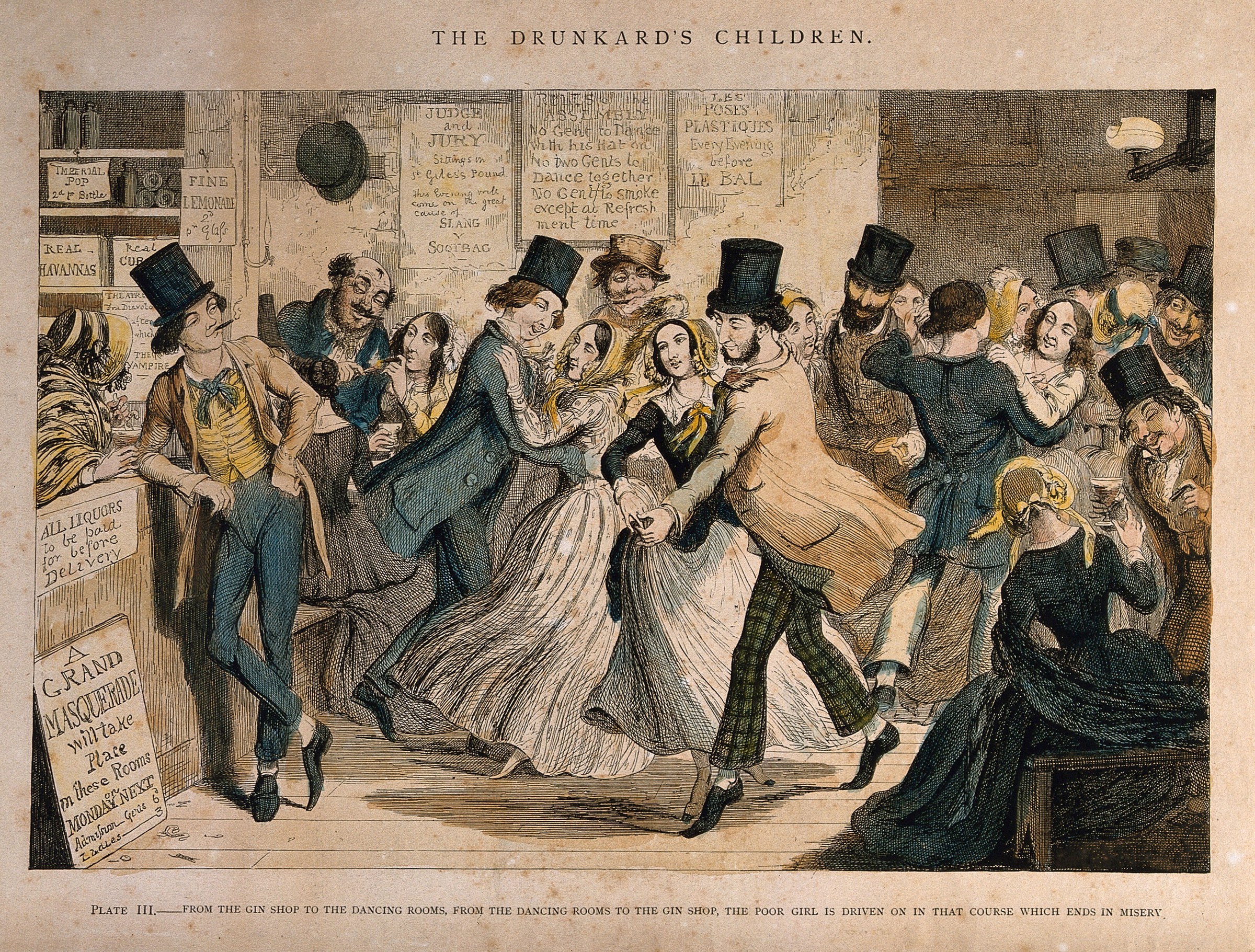 A crowded gin shop scene with a young woman in a white dress dancing in the center, surrounded by men in top hats and intoxicated onlookers.